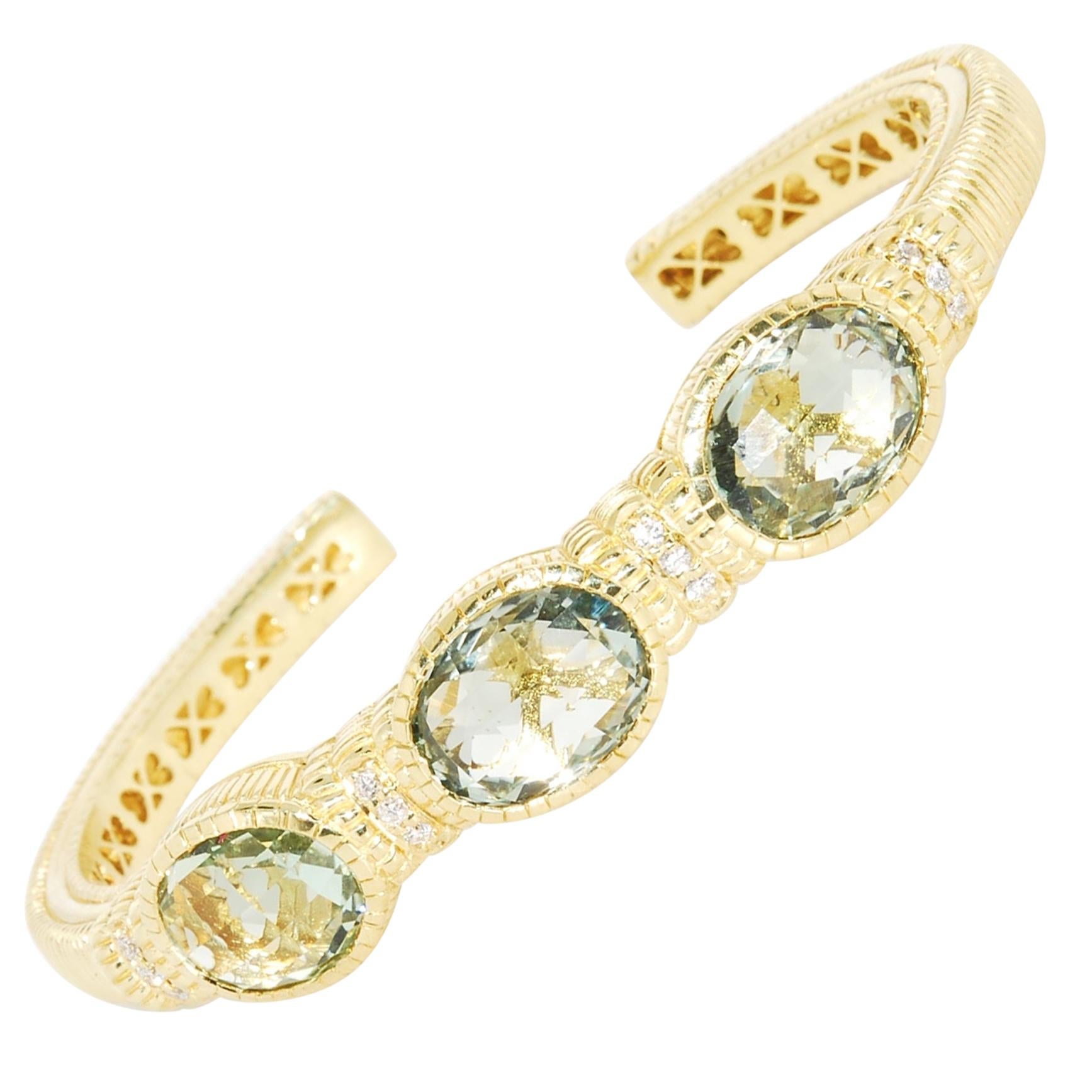 18 Karat Yellow Gold and Prasiolite Judith Ripka Hinged Cuff Bracelet For Sale