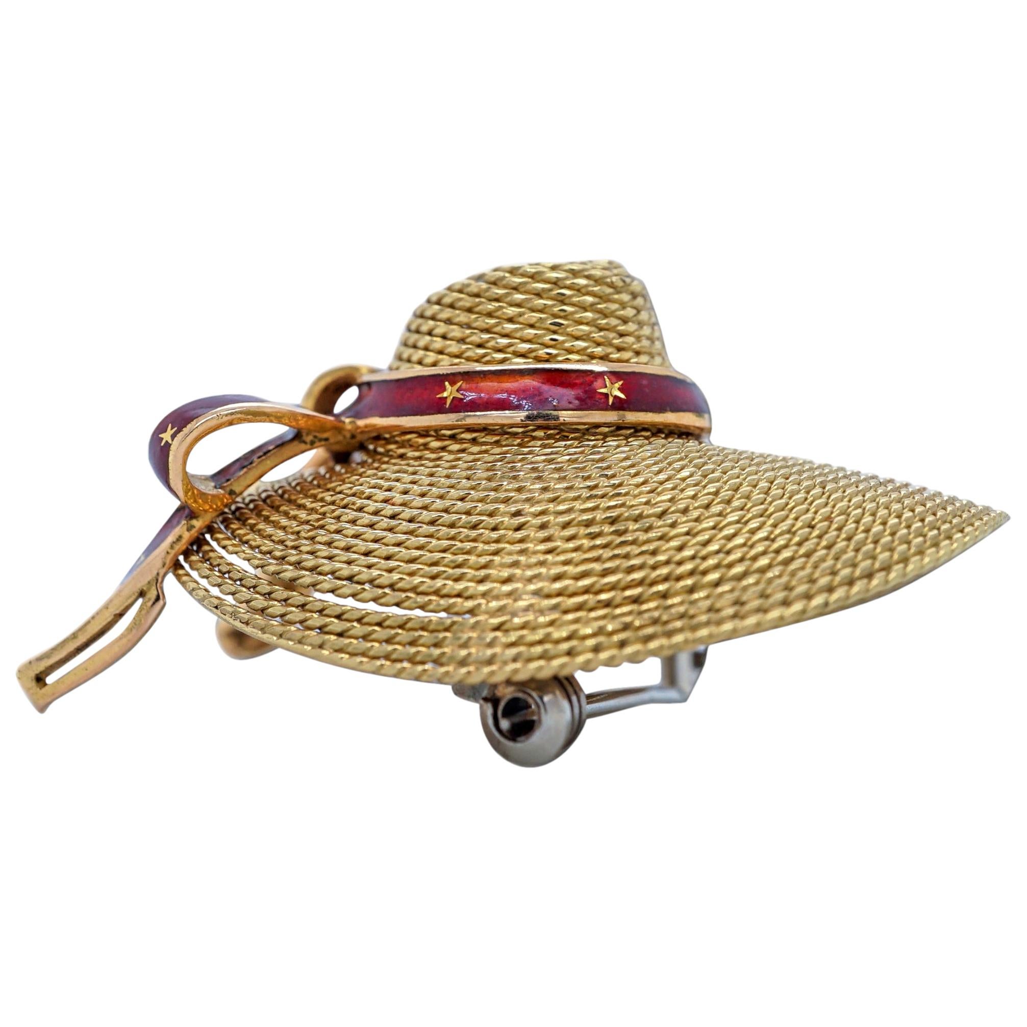 18 Karat Yellow Gold and Red Enamel Straw Hat Brooch For Sale