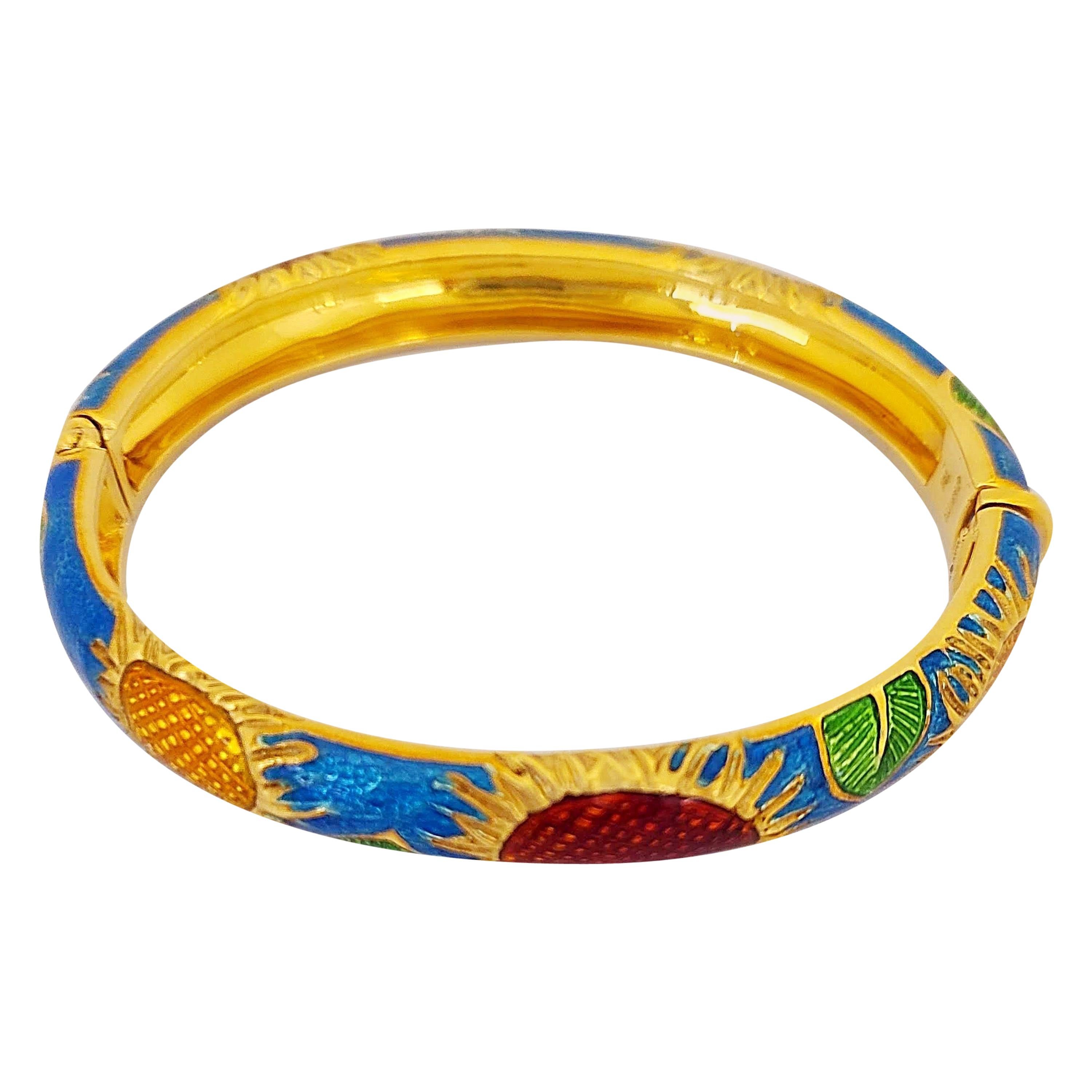 18 Karat Yellow Gold and Red, Yellow, Blue, Enamel Sunflowers Bangle Bracelet For Sale