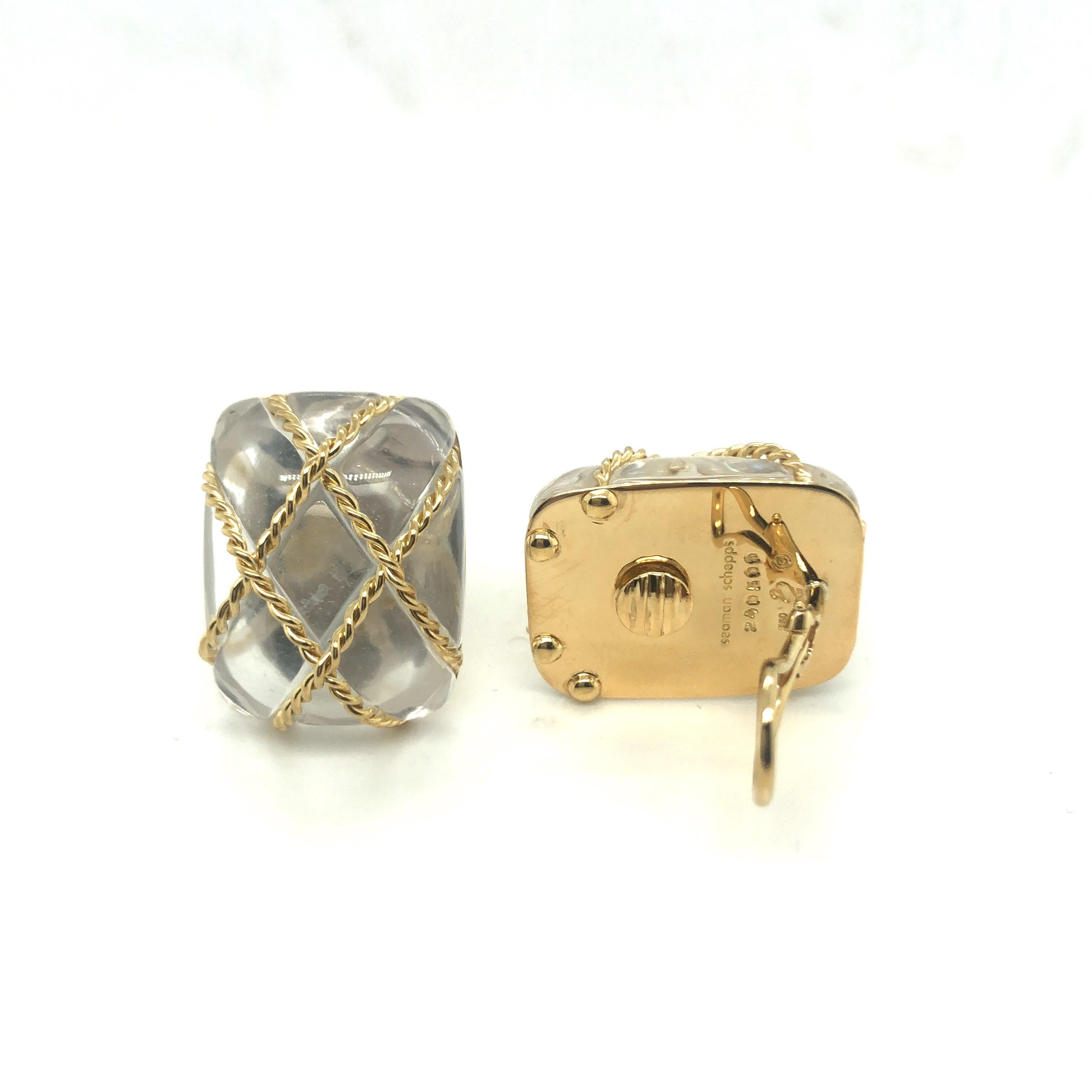 Cabochon 18 Karat Yellow Gold and Rock Crystal Cage Earrings by Seaman Schepps