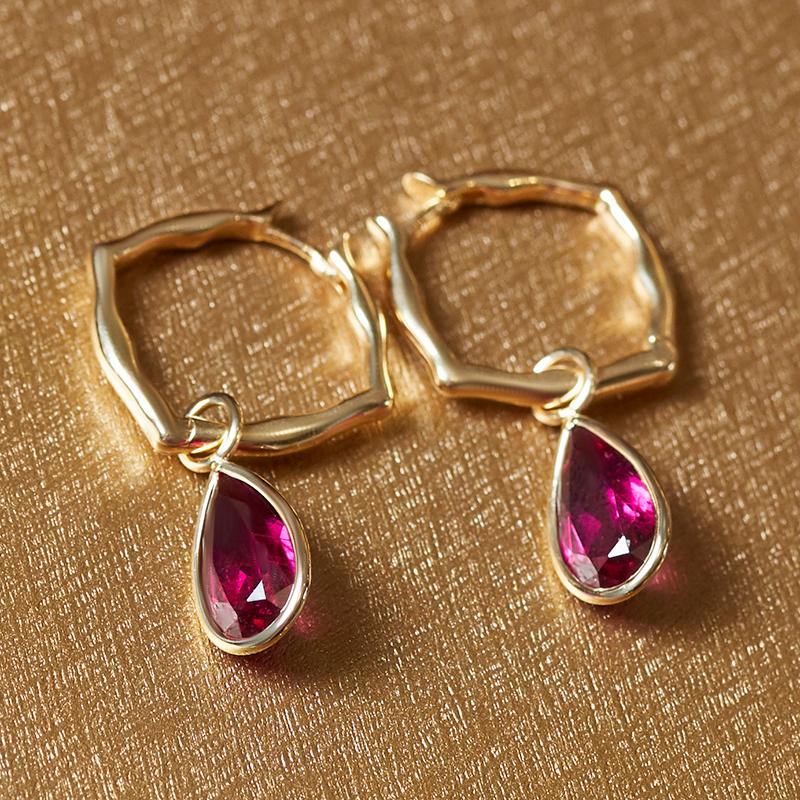 Contemporary 18 Karat Yellow Gold and Rubellite Small Hoop Earrings For Sale