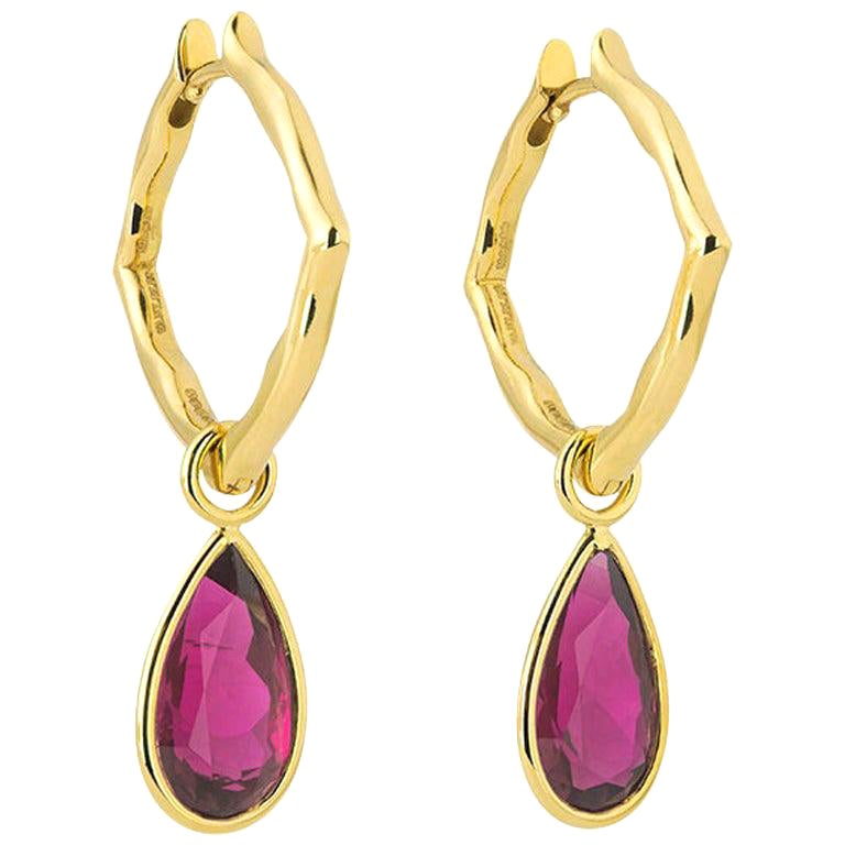18 Karat Yellow Gold and Rubellite Small Hoop Earrings For Sale