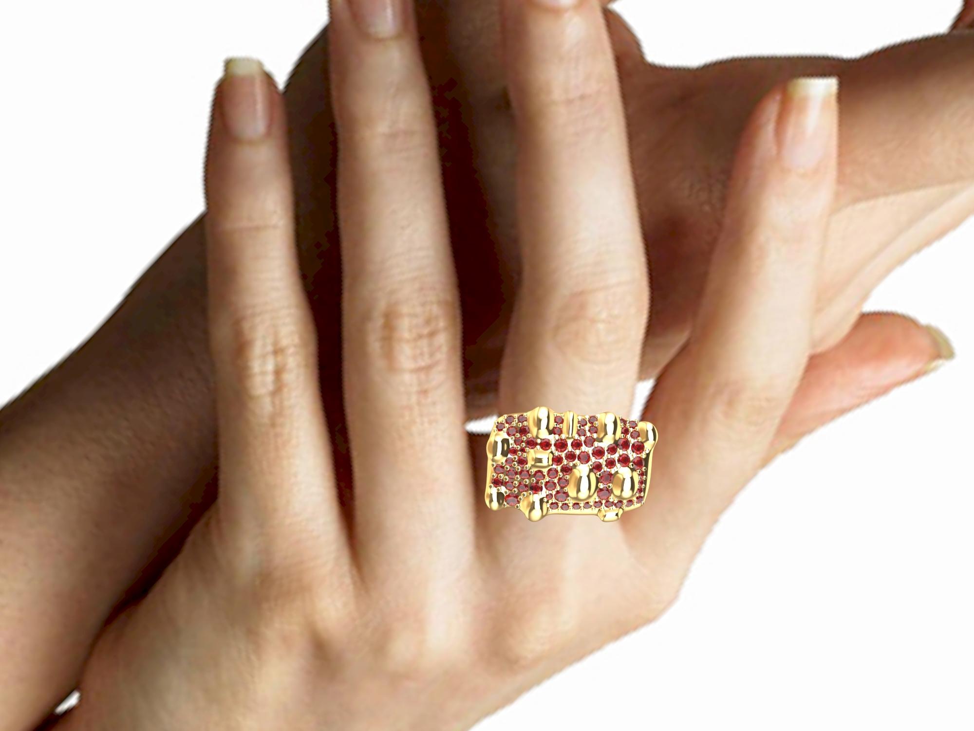 For Sale:  18 Karat Yellow Gold and Rubies Cactus Sculpture Ring 7