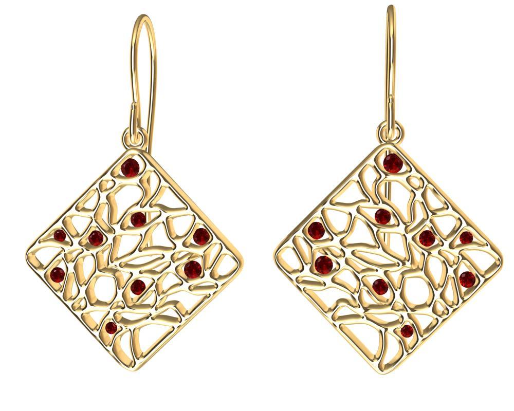 Round Cut 18 Karat Yellow Gold and Rubies Seaweed Dangle Earrings For Sale