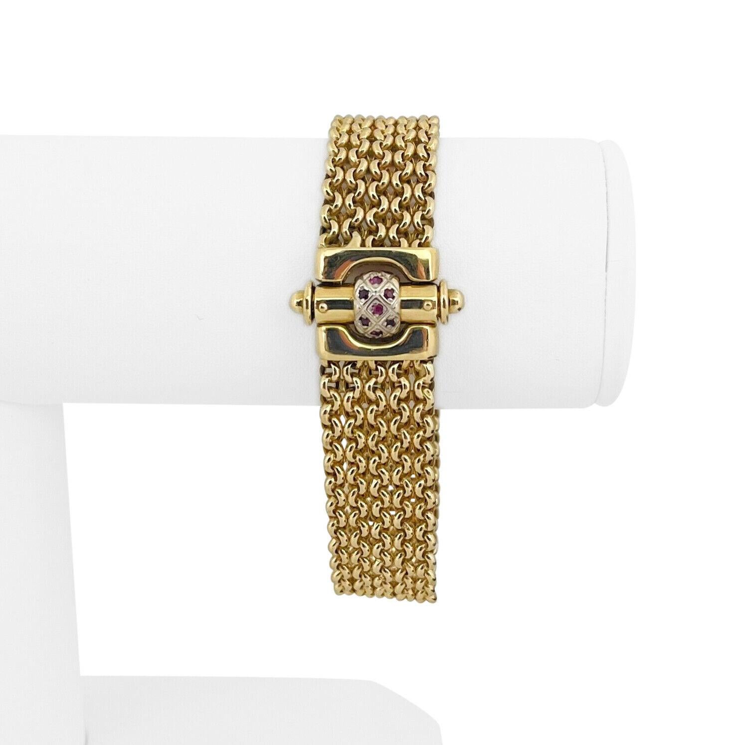 18 Karat Yellow Gold and Ruby Ladies Fancy Mesh Link Bracelet Italy  In Good Condition In Guilford, CT