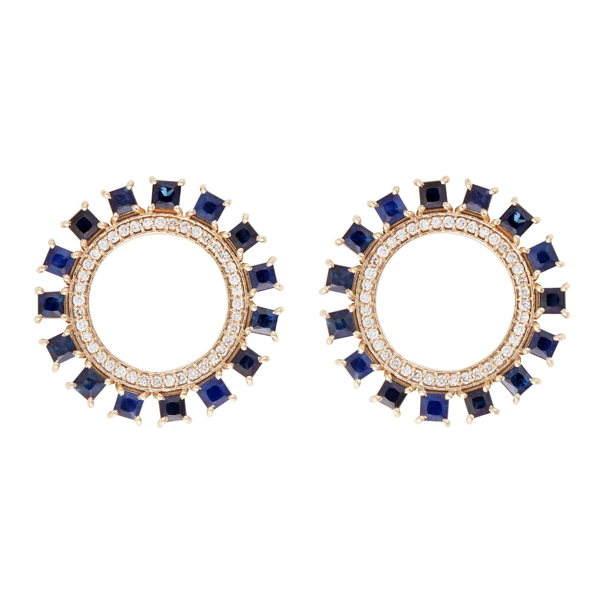 18 Karat Yellow Gold and Sapphire Sun Earrings For Sale
