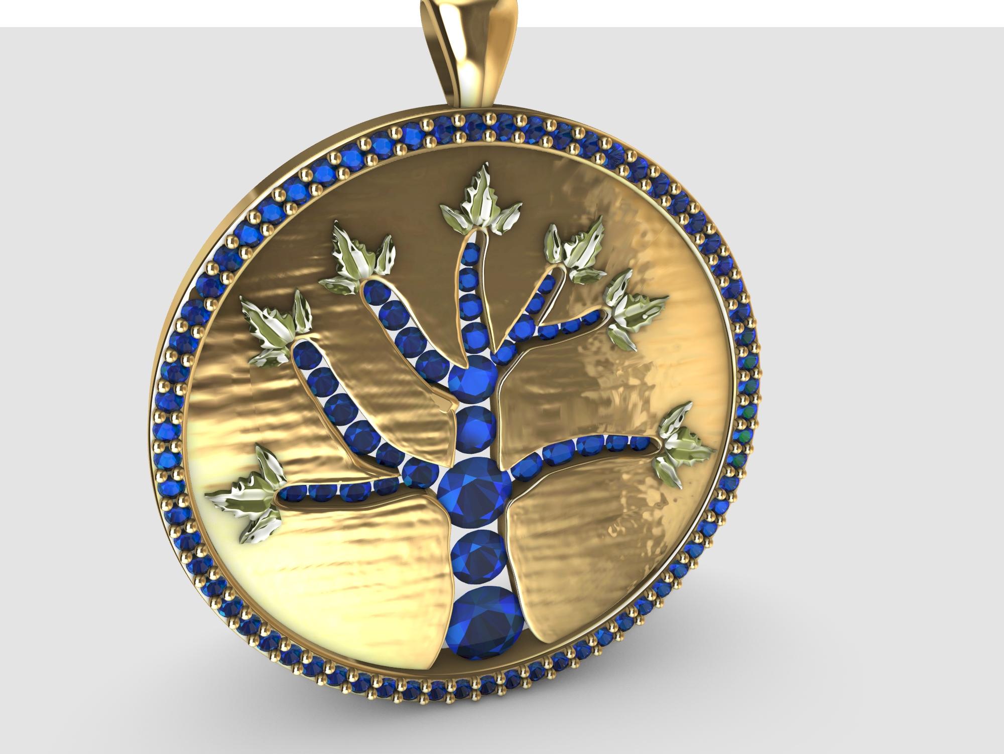 18 Karat Yellow Gold and Sapphires Tree of Life Pendant, Tiffany designer Thomas Kurilla  has Redesigned the Tree of Life with more vigor. To bring more joy into your lfe. Light is Life, why not diamonds for the tree trunk?  Life is precious . We