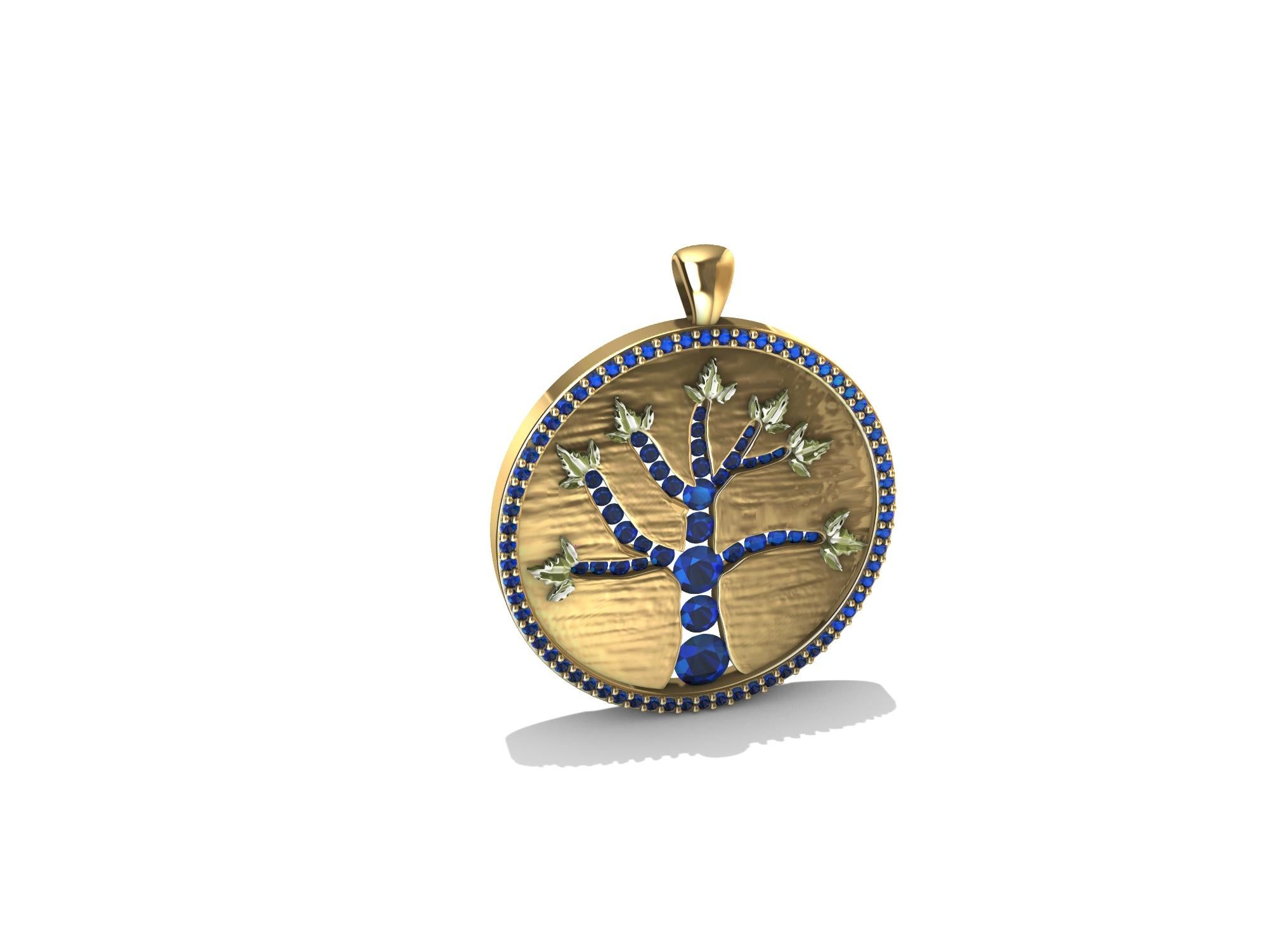 Contemporary 18 Karat Yellow Gold and Sapphire Tree of Life Pendant For Sale