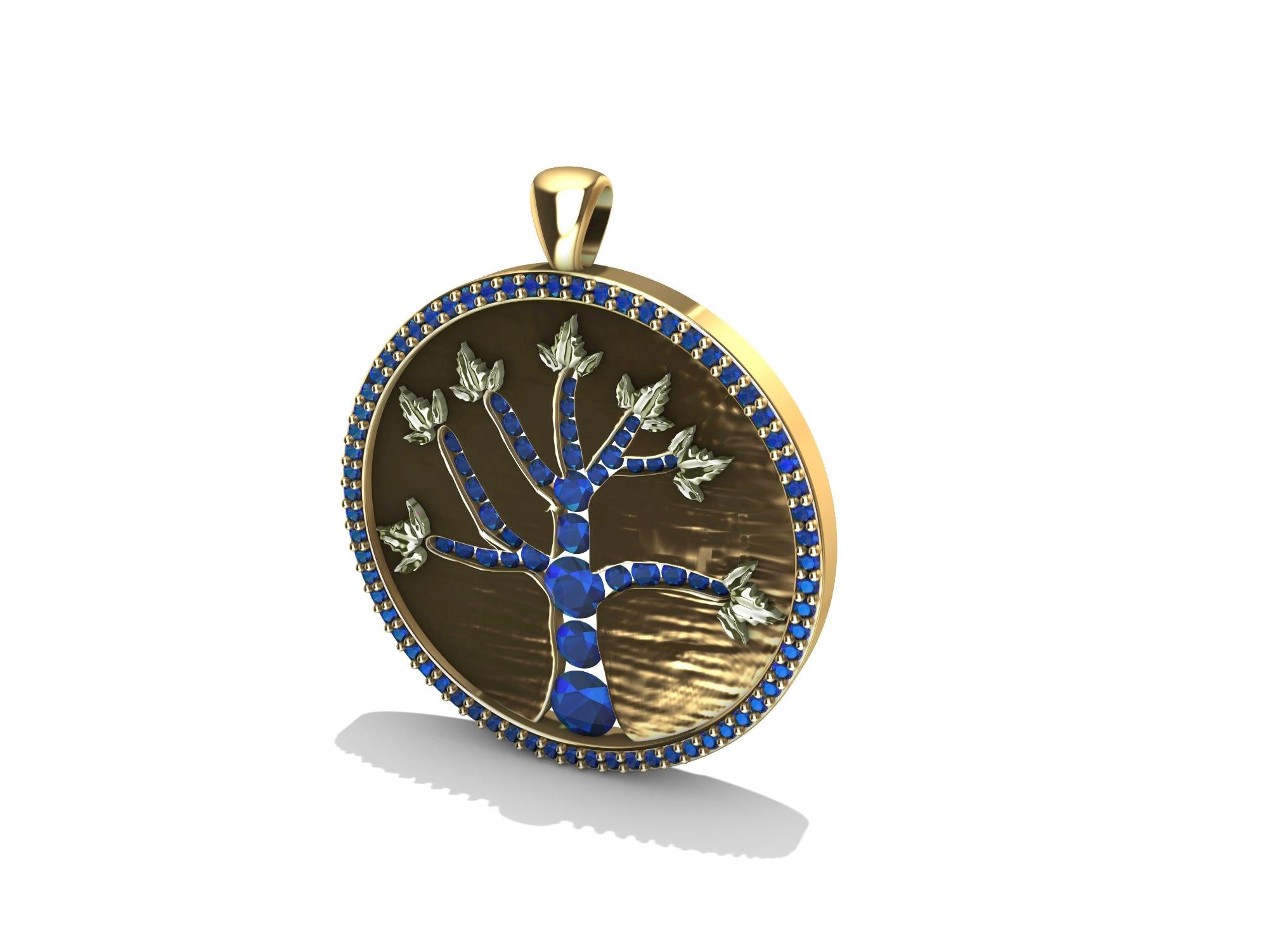 Brilliant Cut 18 Karat Yellow Gold and Sapphire Tree of Life Pendant For Sale