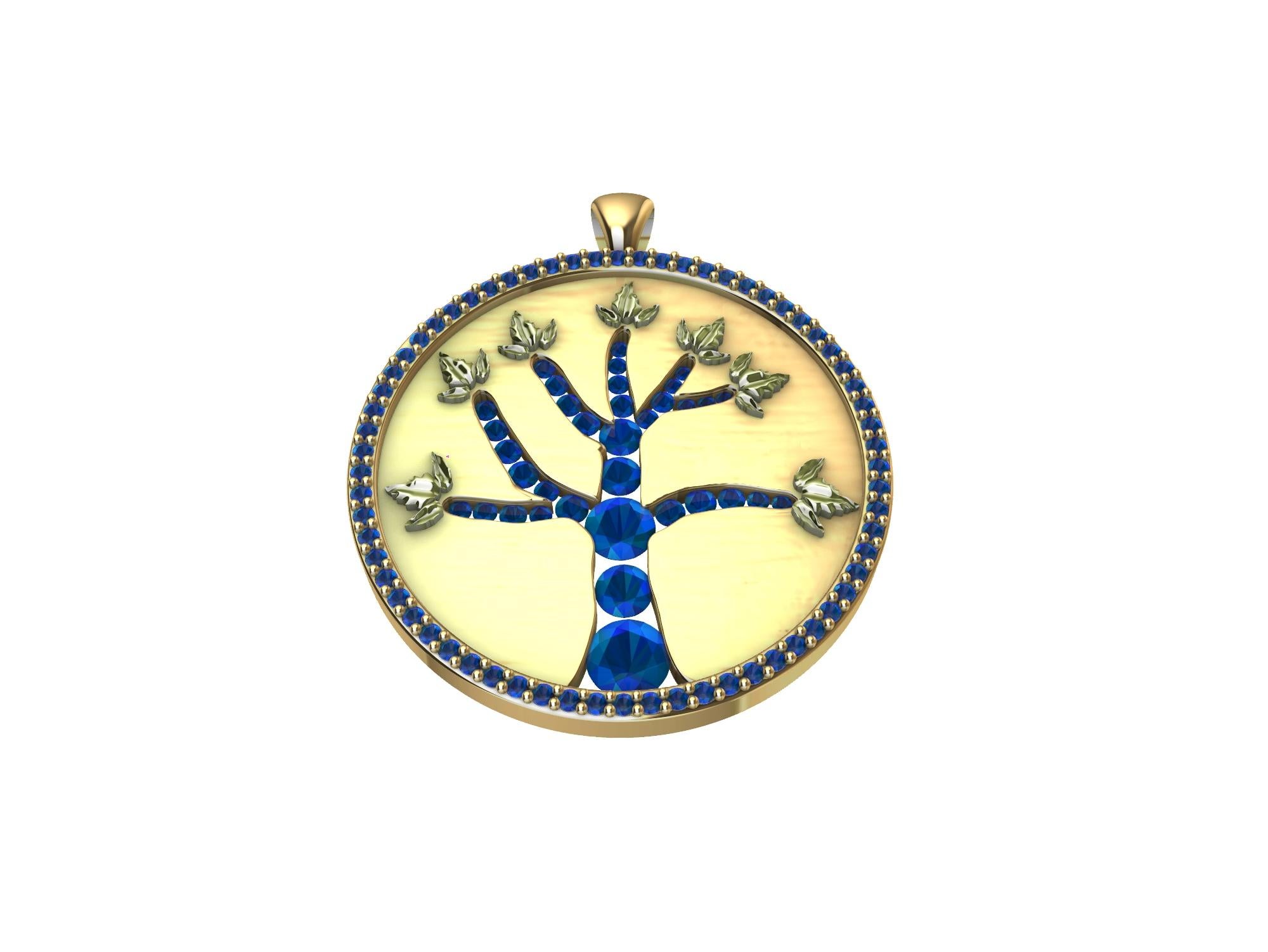 18 Karat Yellow Gold and Sapphire Tree of Life Pendant In New Condition For Sale In New York, NY