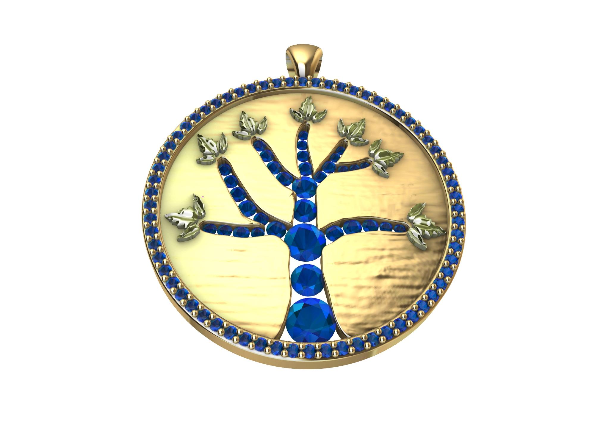 Women's or Men's 18 Karat Yellow Gold and Sapphire Tree of Life Pendant For Sale