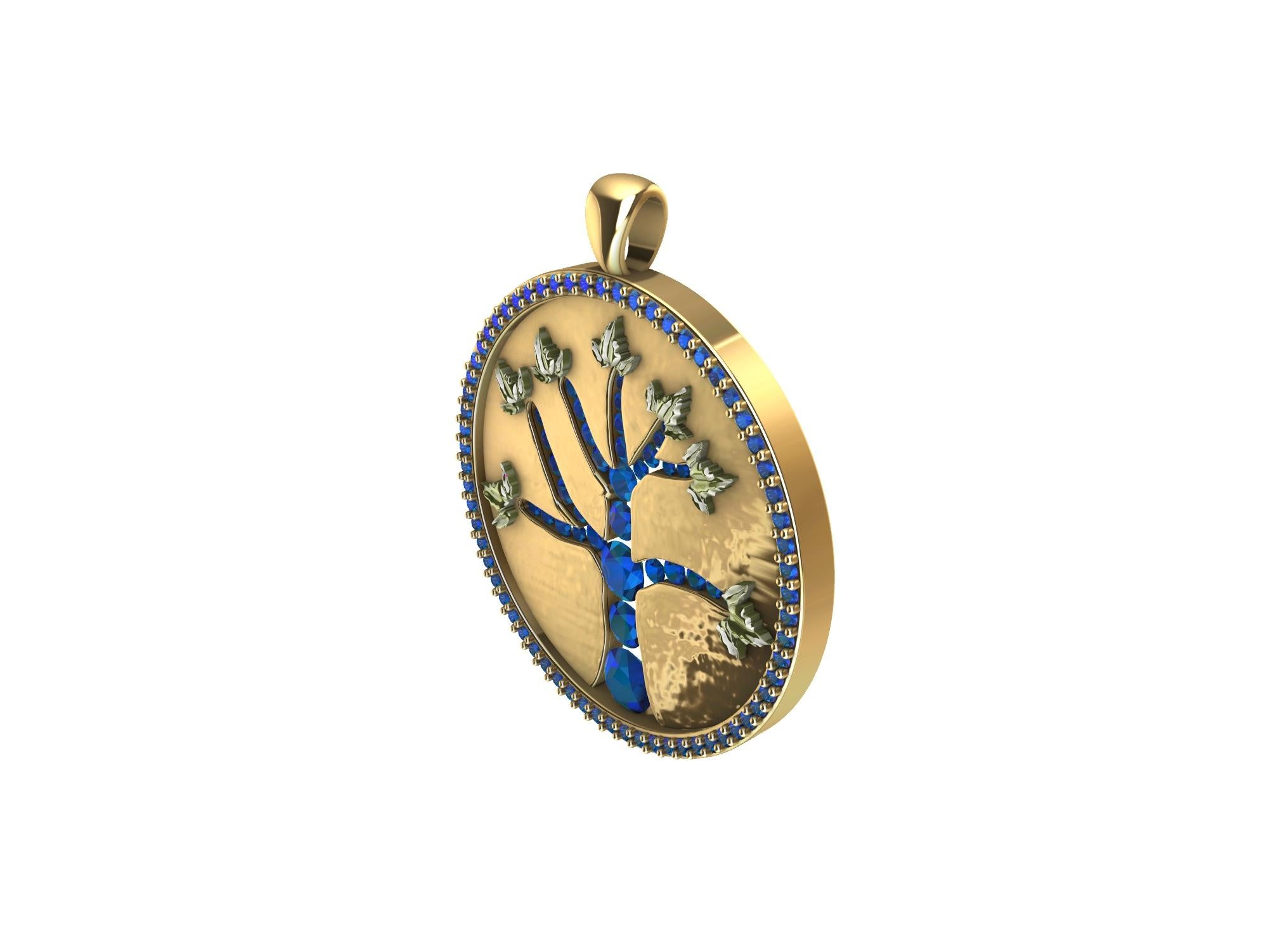 18 Karat Yellow Gold and Sapphire Tree of Life Pendant For Sale 1