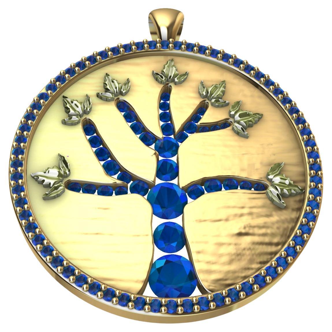 18 Karat Yellow Gold and Sapphire Tree of Life Pendant For Sale