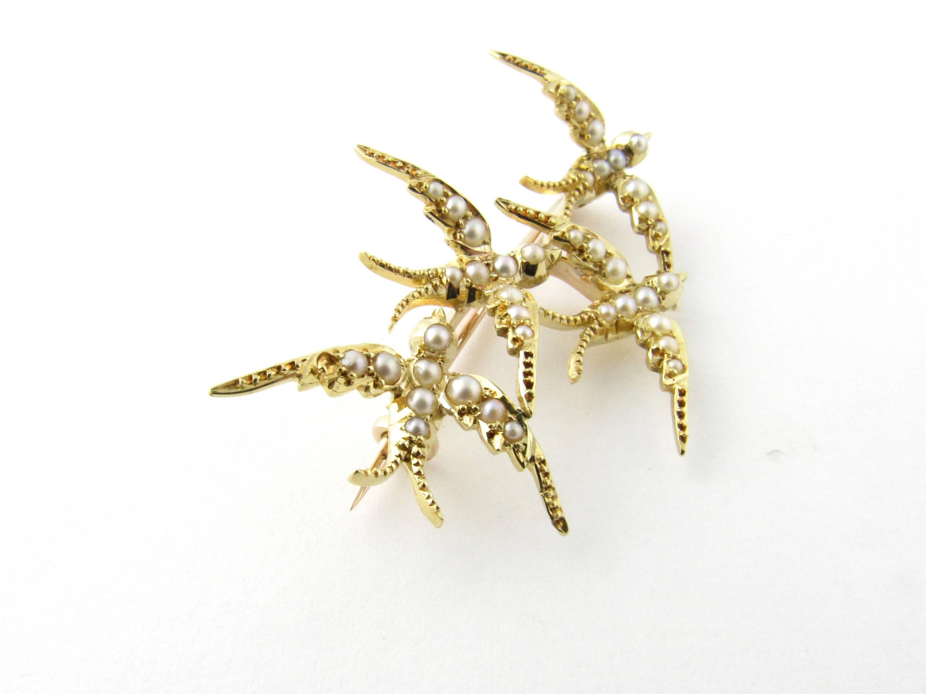 18 Karat Yellow Gold and Seed Pearls Swallows in Flight Brooch In Excellent Condition In Washington Depot, CT