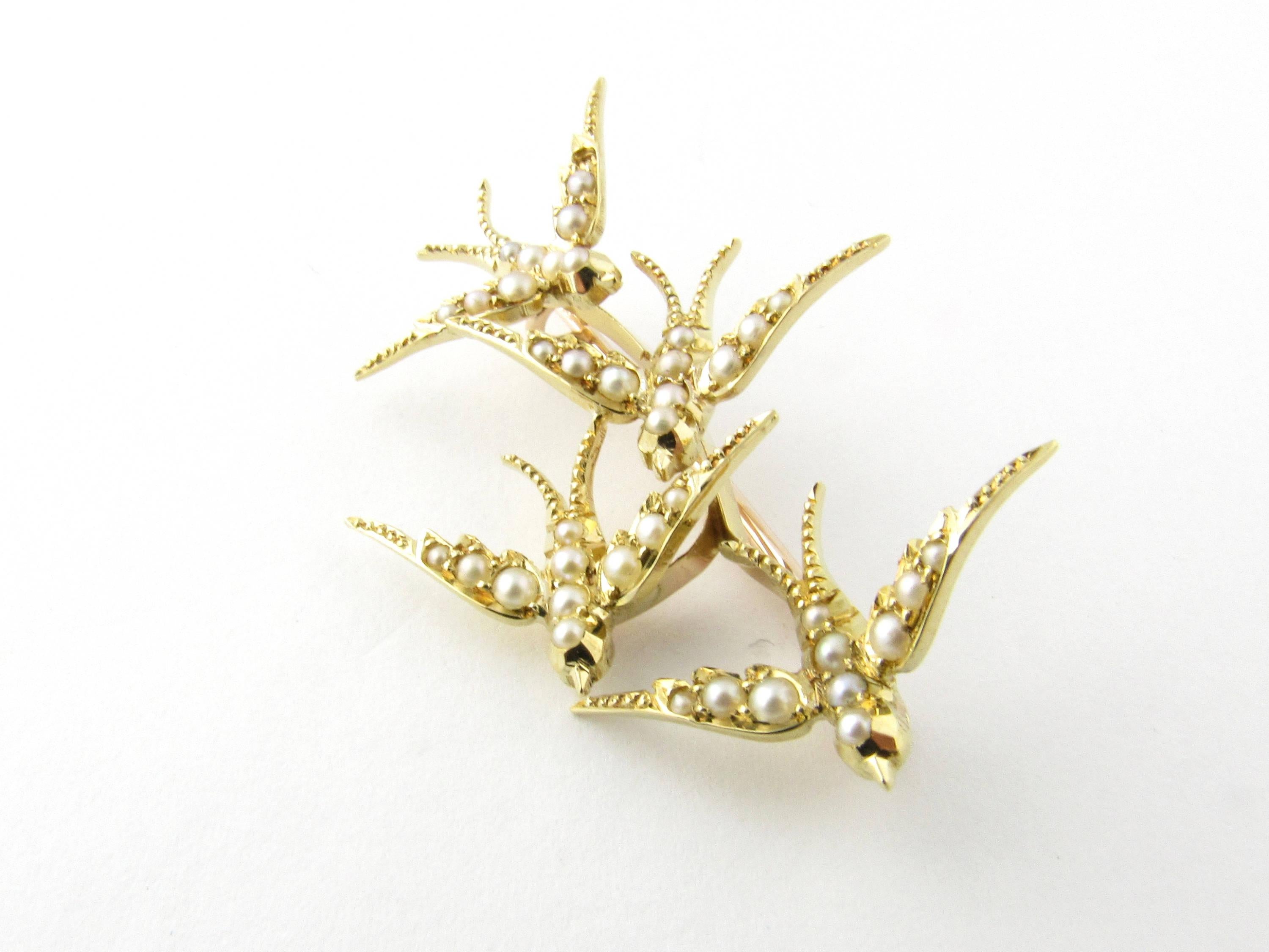 Women's 18 Karat Yellow Gold and Seed Pearls Swallows in Flight Brooch