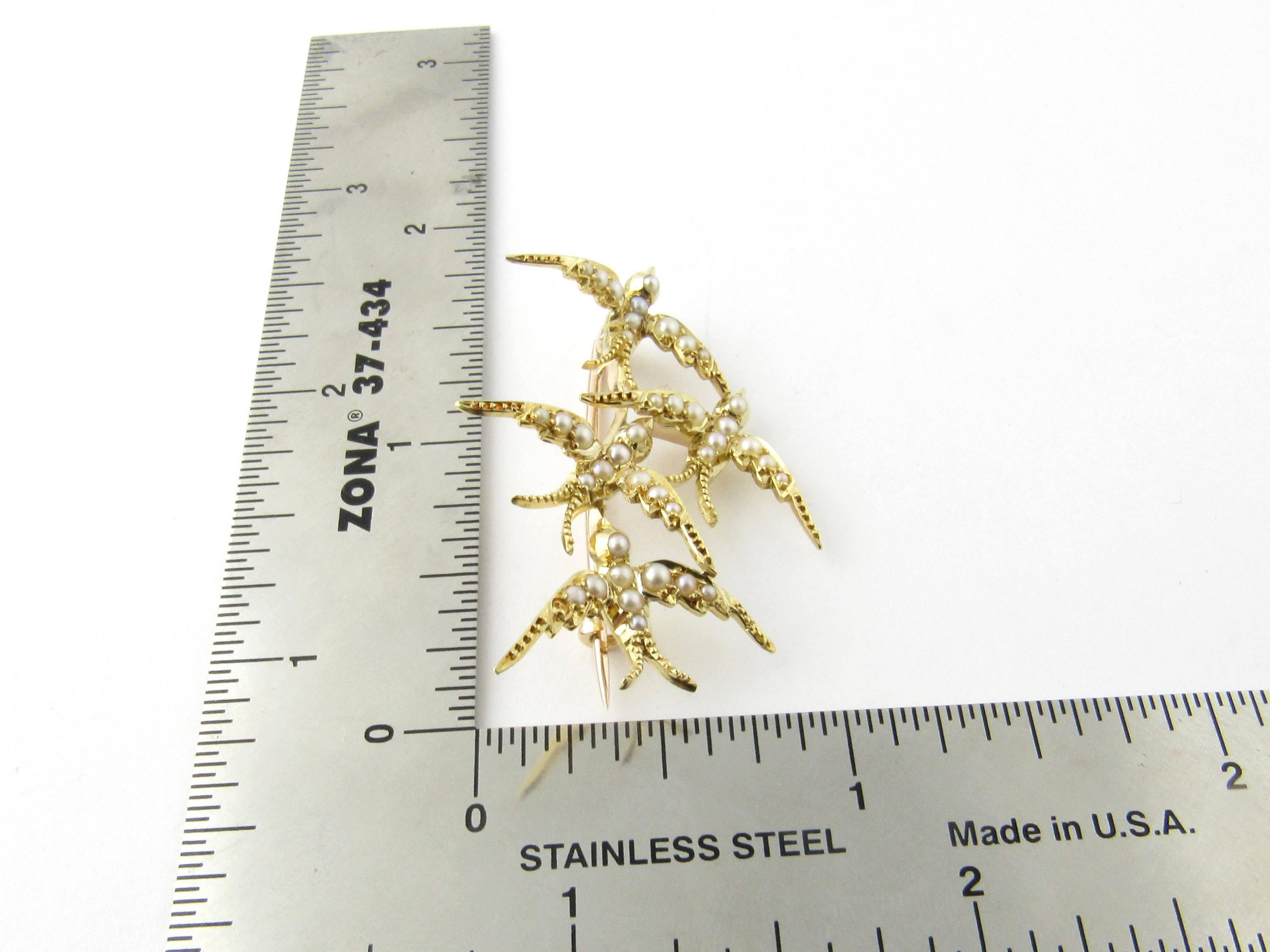 18 Karat Yellow Gold and Seed Pearls Swallows in Flight Brooch 2