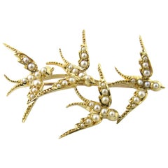 Vintage 18 Karat Yellow Gold and Seed Pearls Swallows in Flight Brooch