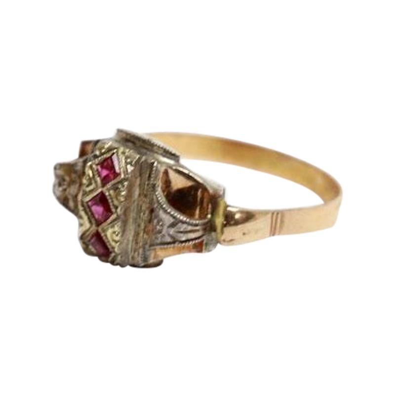 18 Karat Yellow Gold and Silver Ring with 3 Rubies