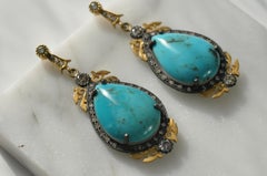 18 Karat Yellow Gold and Silver Turquoise Diamond Earrings Suneera