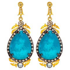 18 Karat Yellow Gold and Silver Turquoise Diamond Earrings Suneera