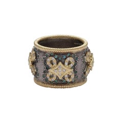 Wide Band Ring with Diamonds and Tourmalines 18 Karat Yellow Gold and Silver