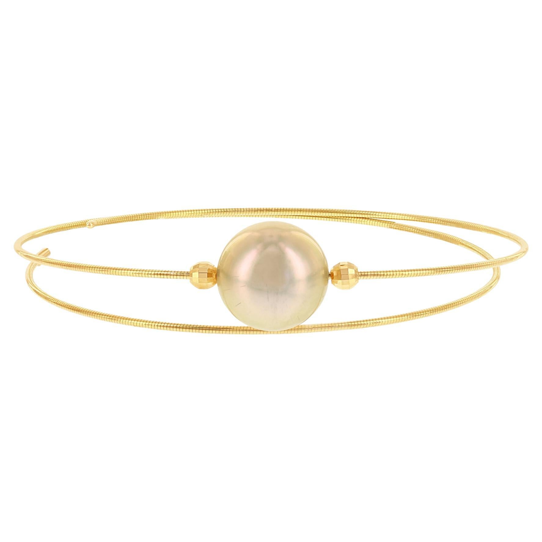 18 Karat Yellow Gold and South Sea Golden Cultured Pearl Wire Bangle