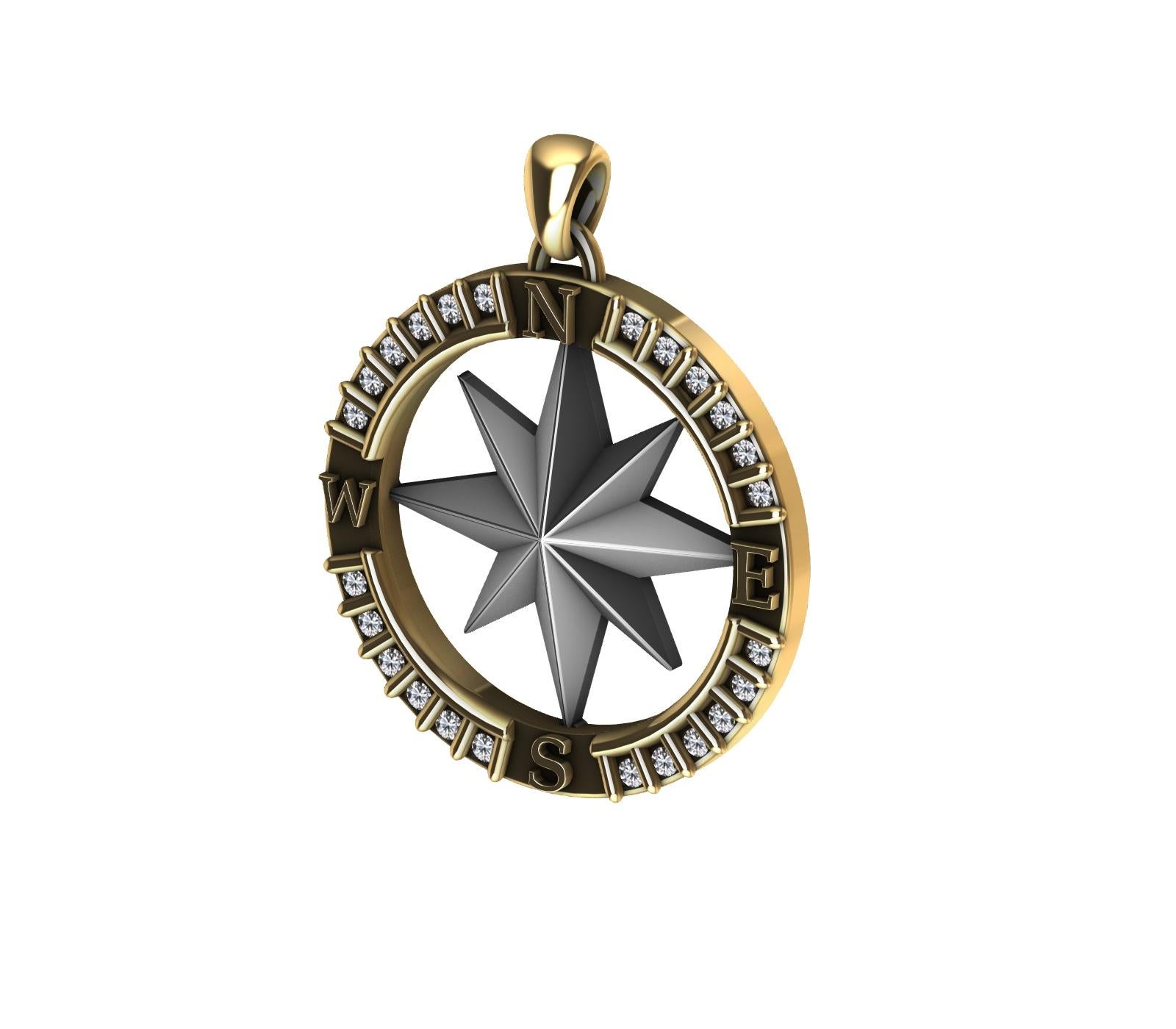  18 Karat Yellow Gold and Sterling Diamond Sailors Compass Pendant, For you water and wind lovers. Tiffany Designer , Thomas Kurilla has not forgotten you mates. Inspired from antique sailor's compasses. A sailing lover as well. Wear this and you'll