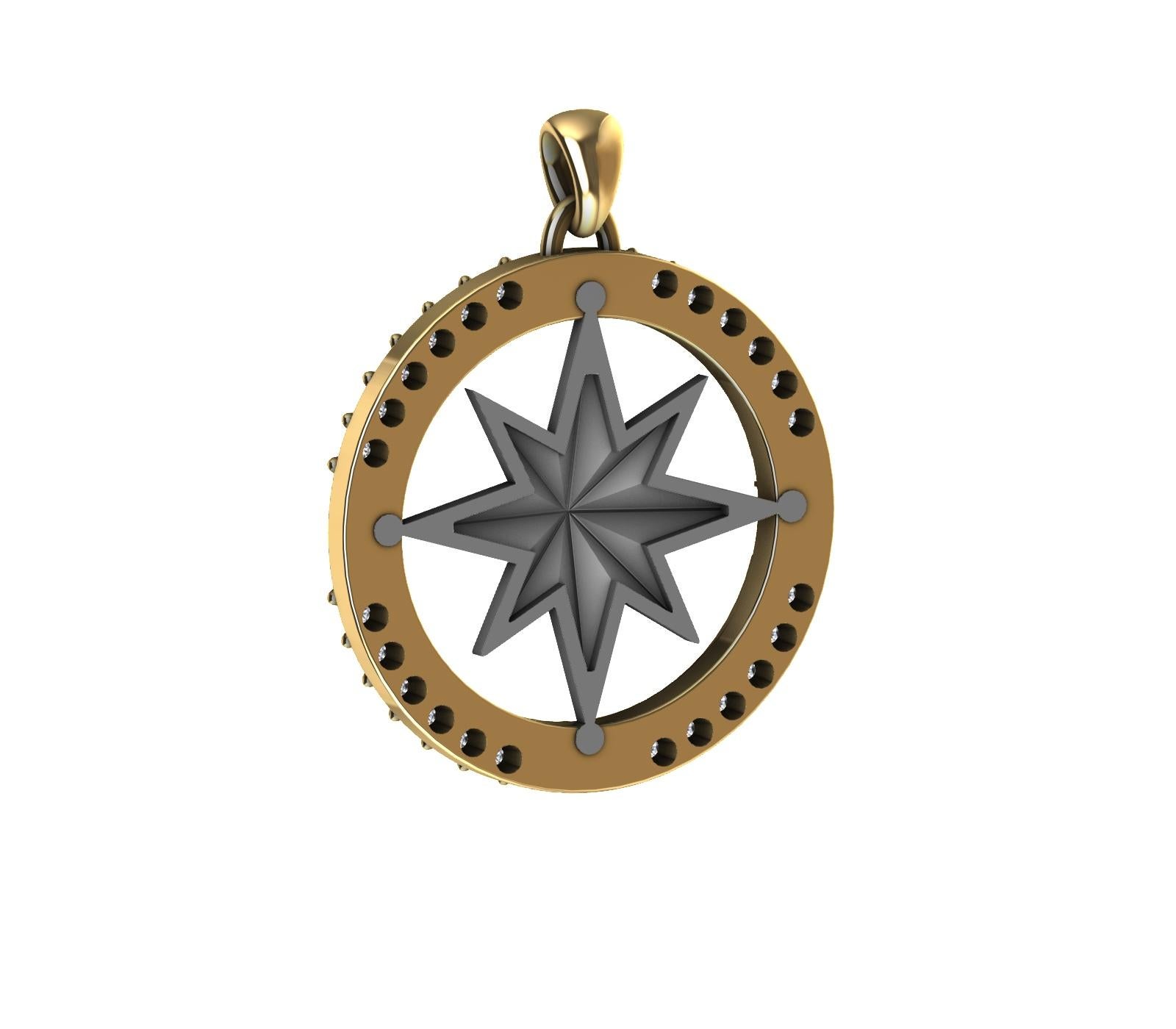 Contemporary 18 Karat Yellow Gold and Sterling Diamond Sailors Compass Pendant For Sale