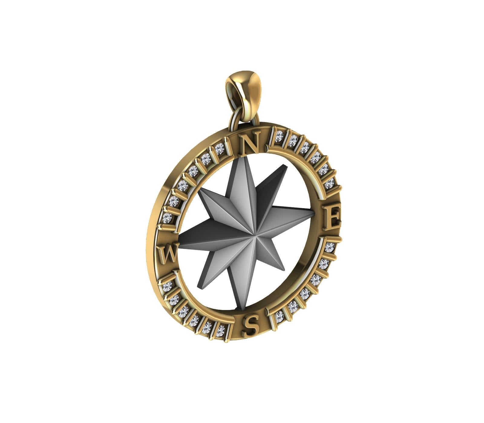 Round Cut 18 Karat Yellow Gold and Sterling Diamond Sailors Compass Pendant For Sale