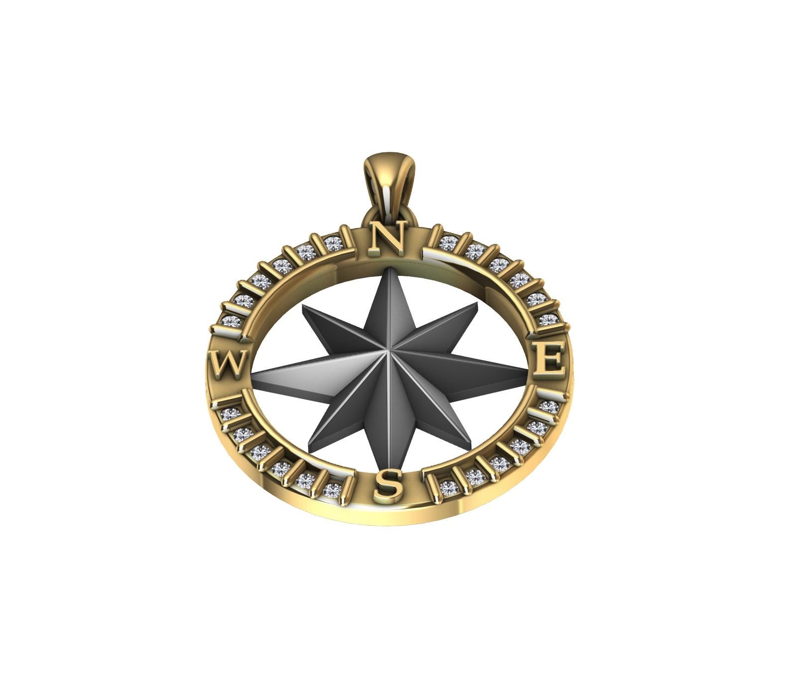 Women's or Men's 18 Karat Yellow Gold and Sterling Diamond Sailors Compass Pendant For Sale