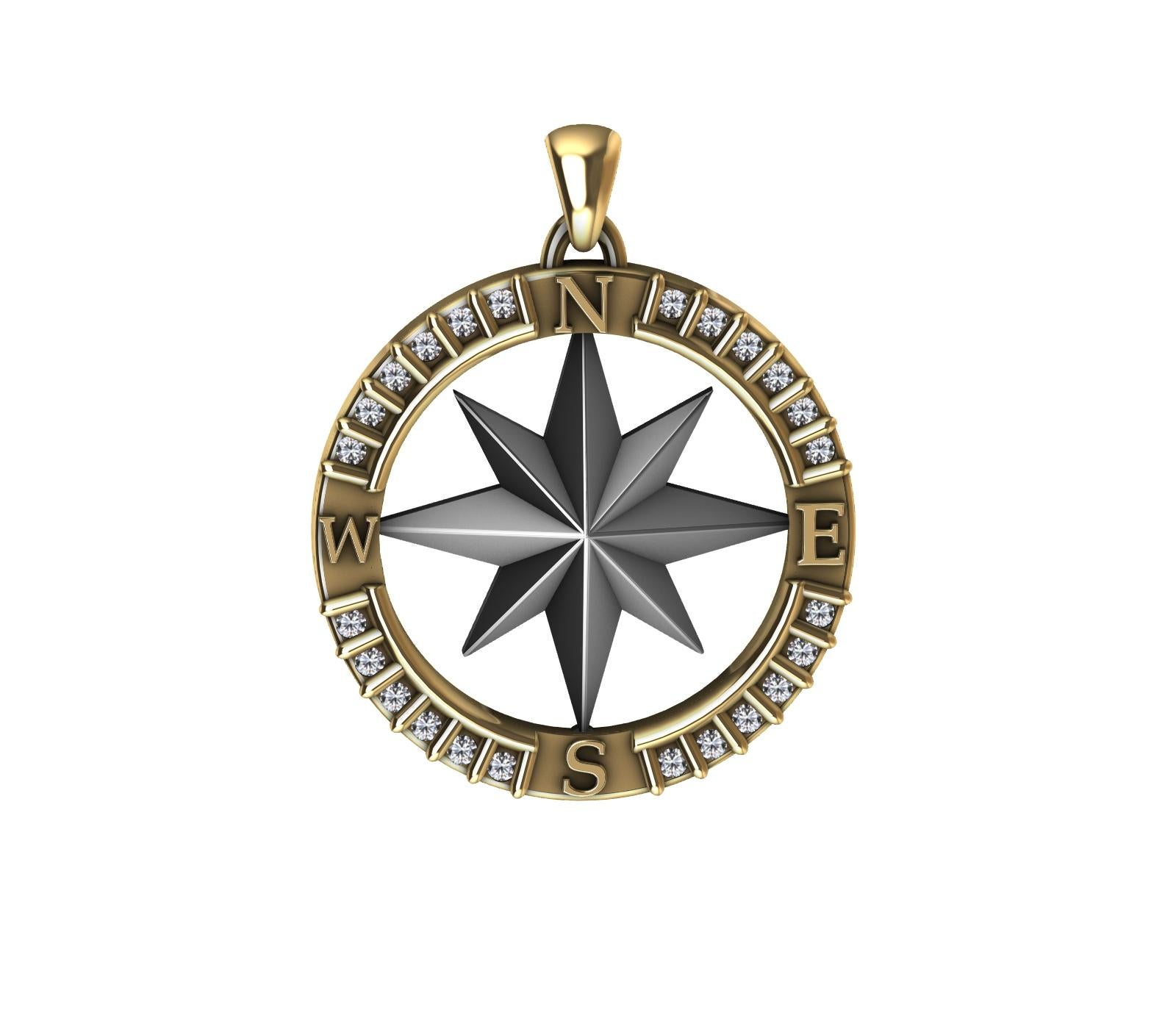 18 Karat Yellow Gold and Sterling Diamond Sailors Compass Pendant For Sale 1