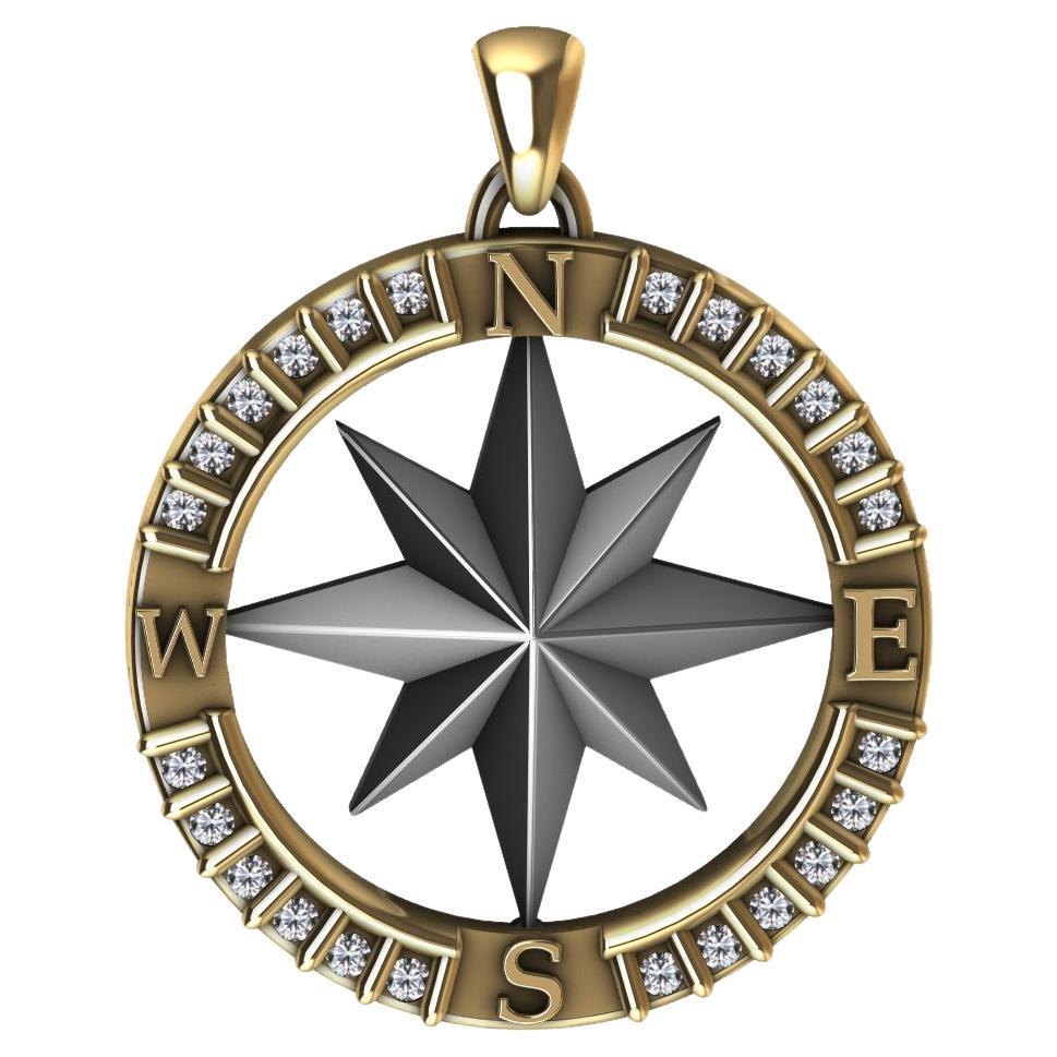 18 Karat Yellow Gold and Sterling Diamond Sailors Compass Pendant For Sale
