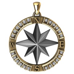 18 Karat Yellow Gold and Sterling Diamond Sailors Compass Pendant
