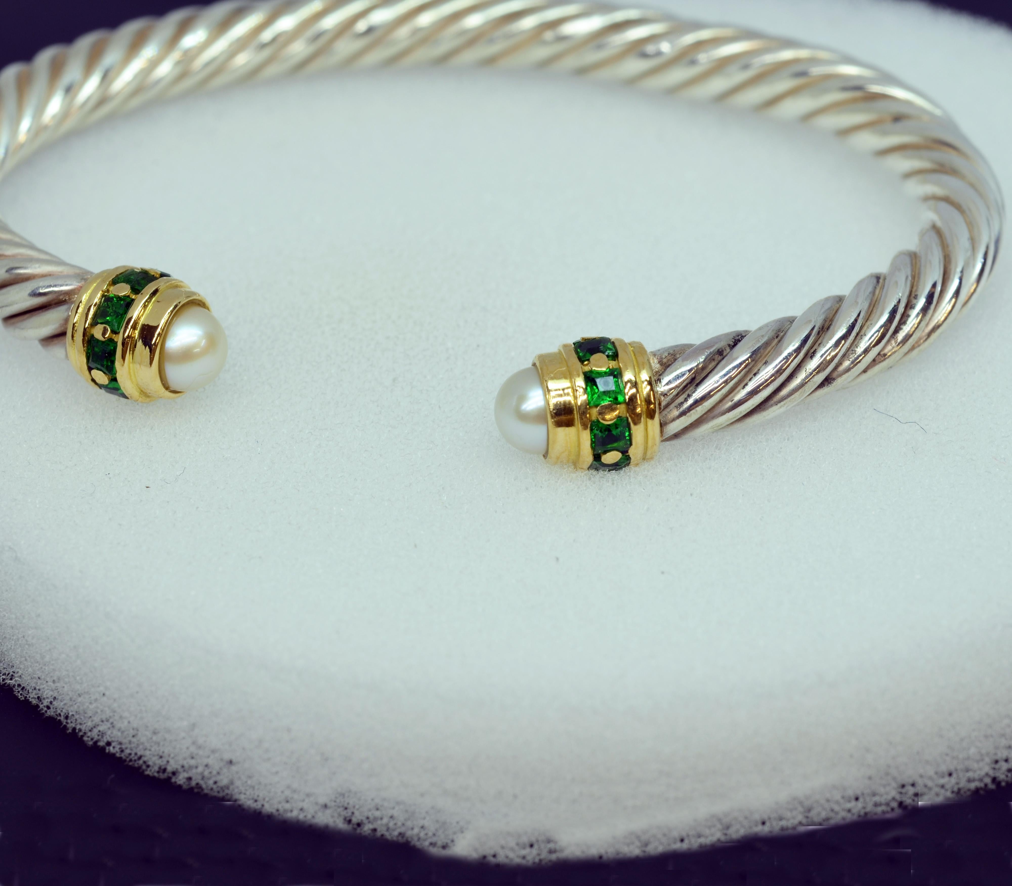 Artisan 18 Karat Yellow Gold and Sterling Silver Cable Bracelet Set with Tsavorites For Sale