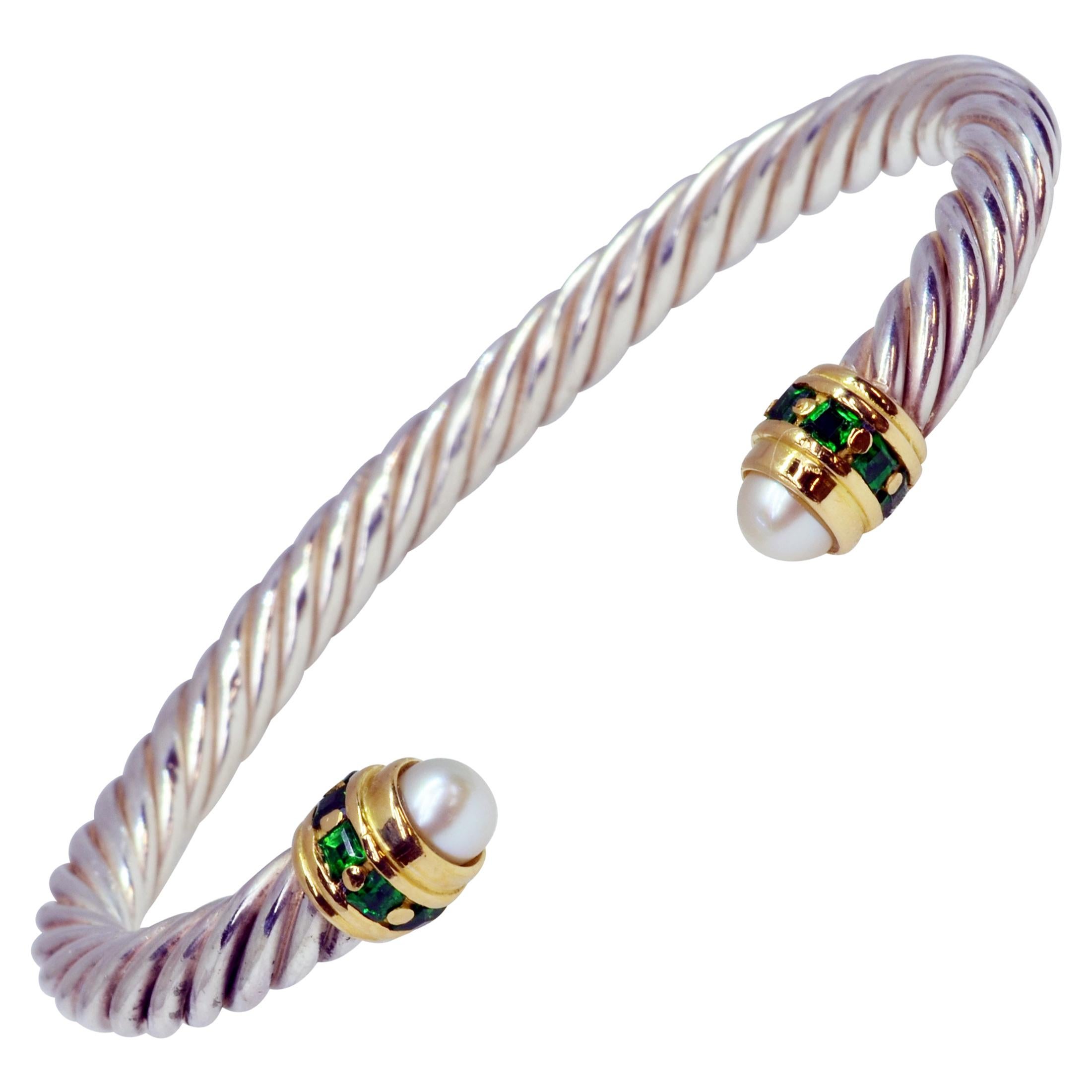 18 Karat Yellow Gold and Sterling Silver Cable Bracelet Set with Tsavorites For Sale