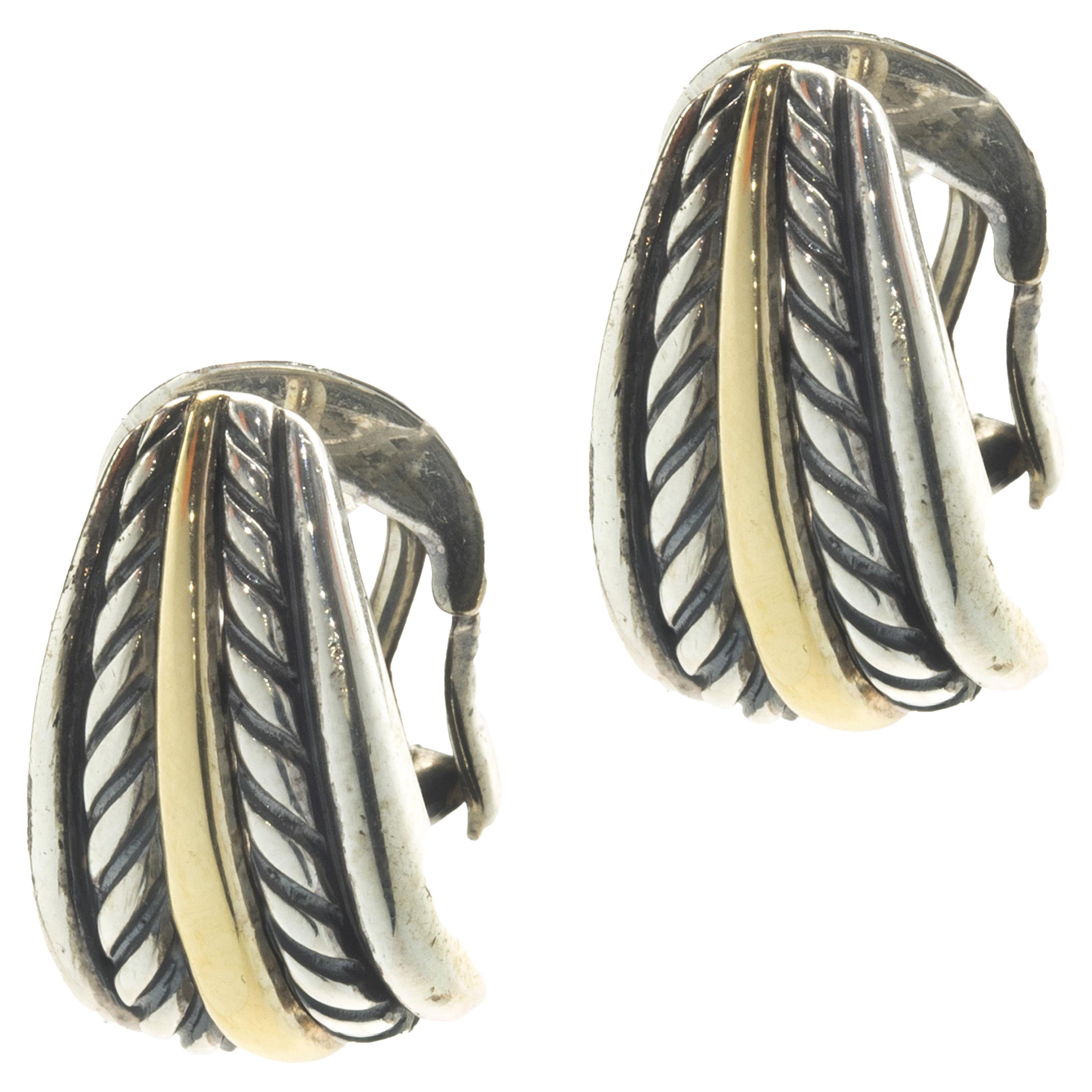 18 Karat Yellow Gold and Sterling Silver Cable Earrings For Sale