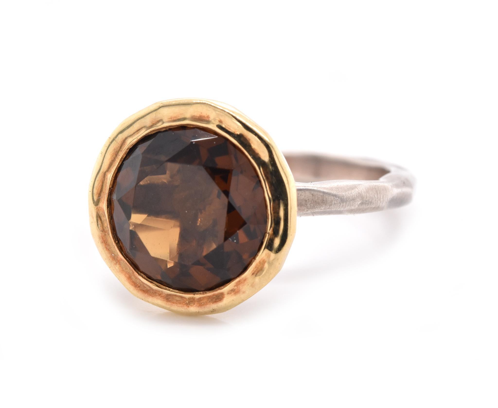 Rough Cut 18 Karat Yellow Gold and Sterling Silver Cognac Quartz Ring For Sale