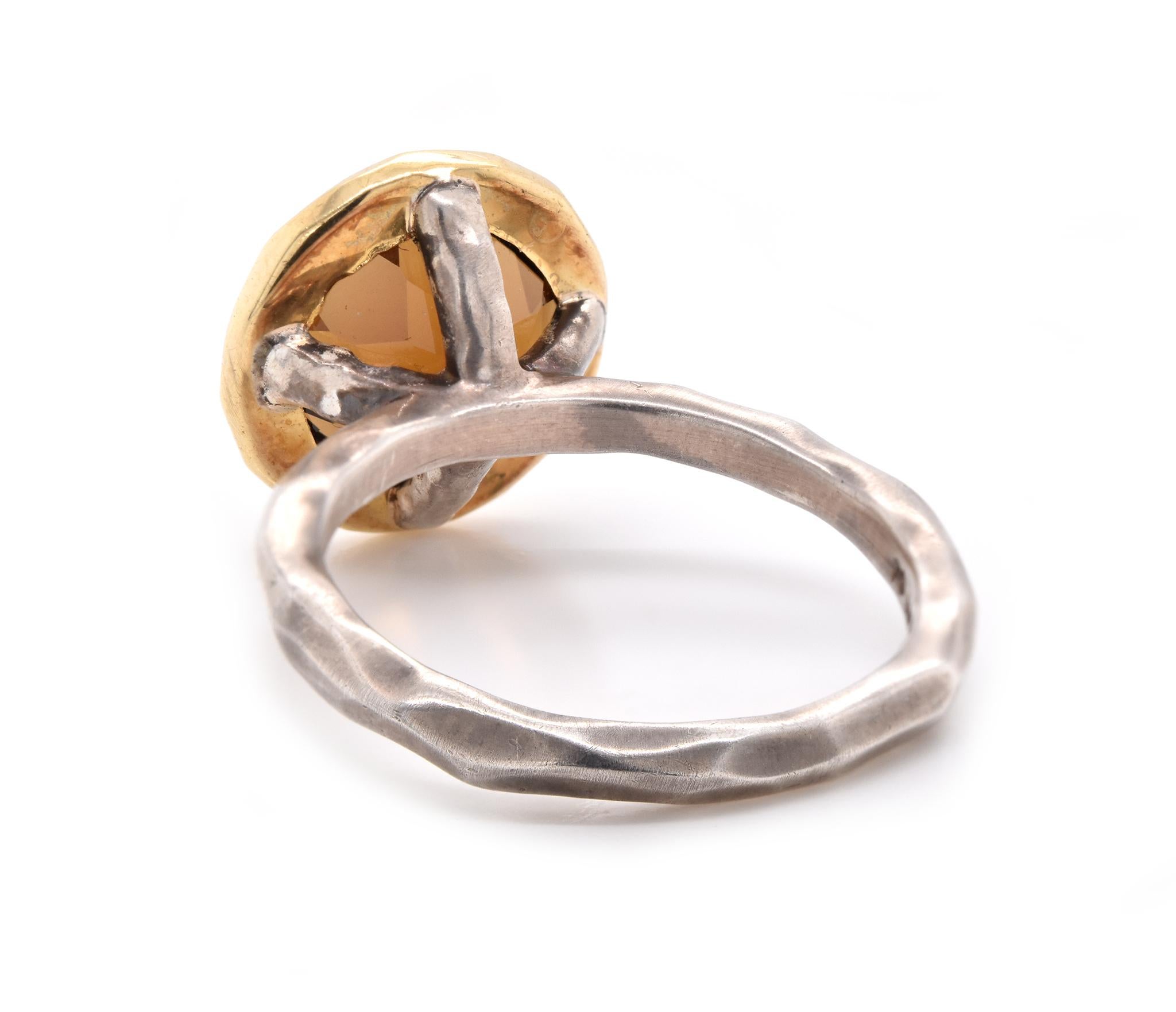 18 Karat Yellow Gold and Sterling Silver Cognac Quartz Ring In Excellent Condition For Sale In Scottsdale, AZ