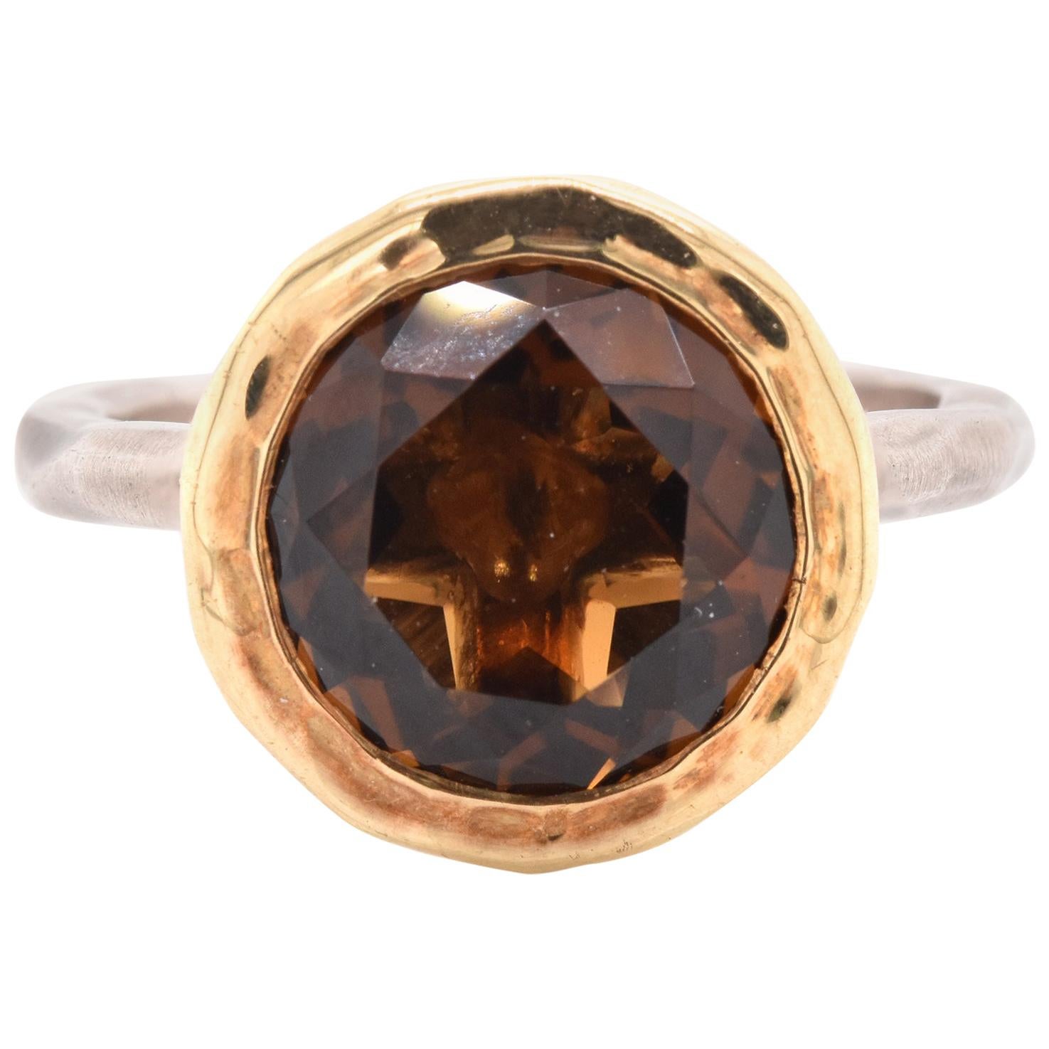 18 Karat Yellow Gold and Sterling Silver Cognac Quartz Ring For Sale