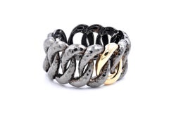 18 Karat Yellow Gold and Sterling Silver Hammered Oval Bangle Bracelet