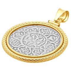 18 Karat Yellow Gold and Sterling Silver Ornate Coin Pendant