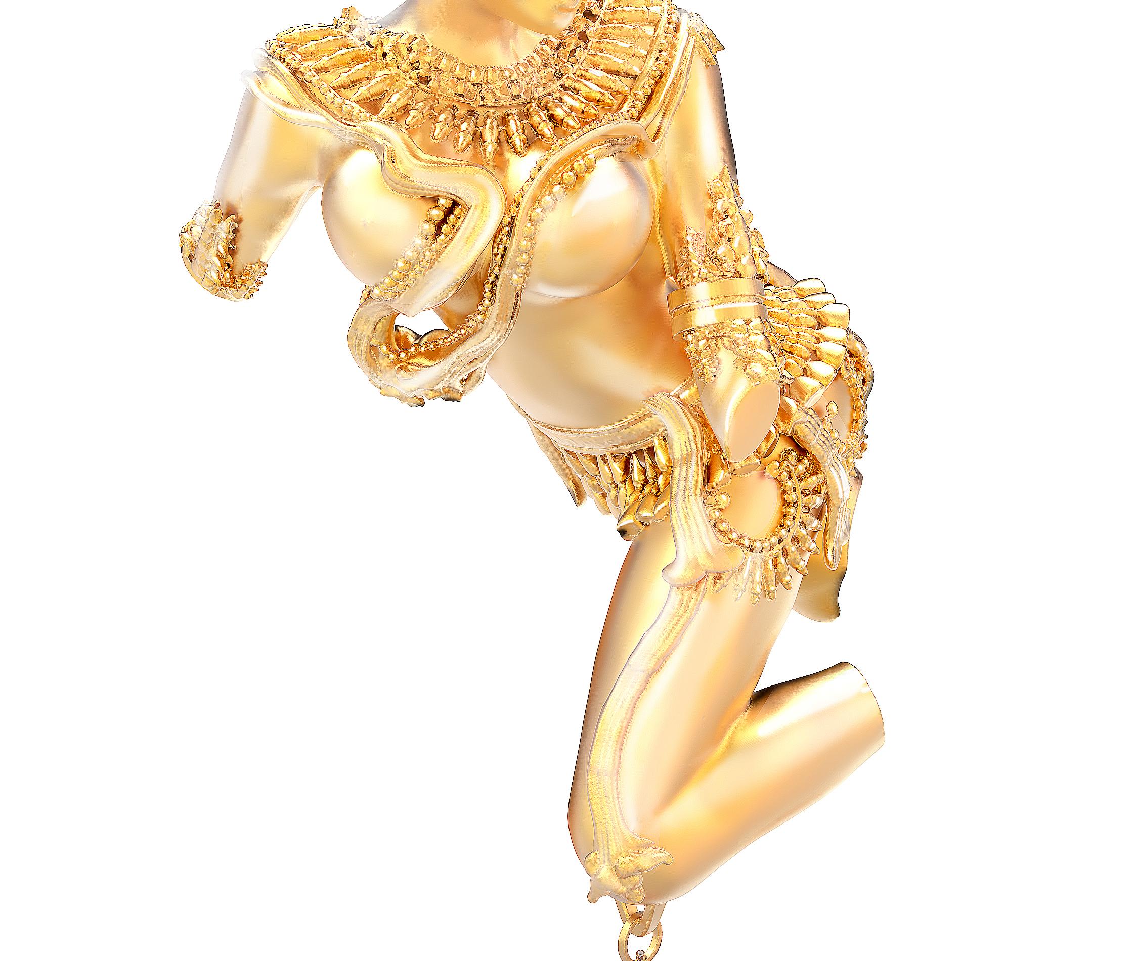 This Celestial Dancer Devata pendant necklace is made of 18 karat yellow gold and sterling silver with a cushion mandarin red spessartine weighing 3.1 carats, a pear-cut Malaya garnet weighing 1.1 carats, and 7 small diamonds. The goddess is crafted