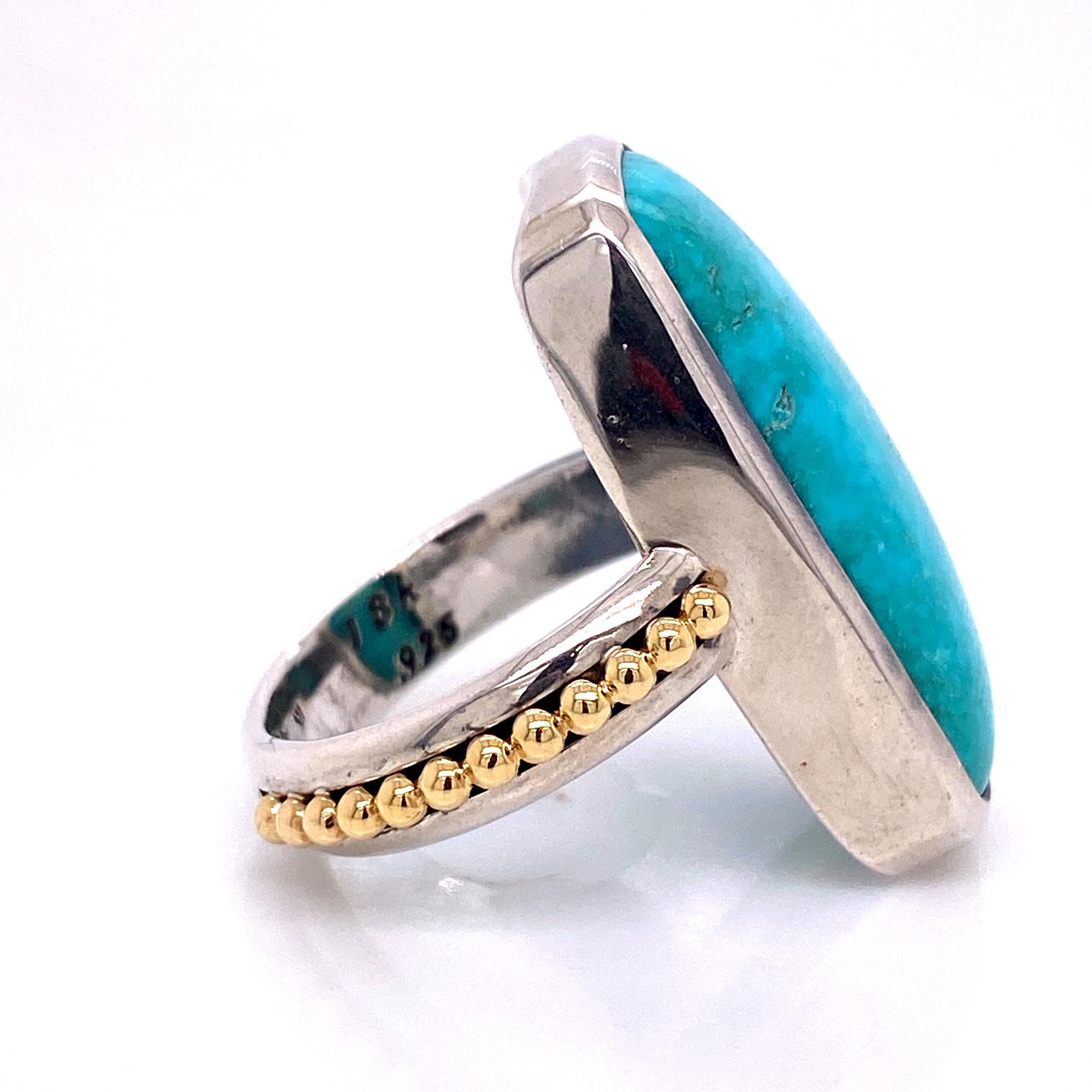 Contemporary 18 Karat Yellow Gold and Sterling Silver Turquoise Cabochon Ring