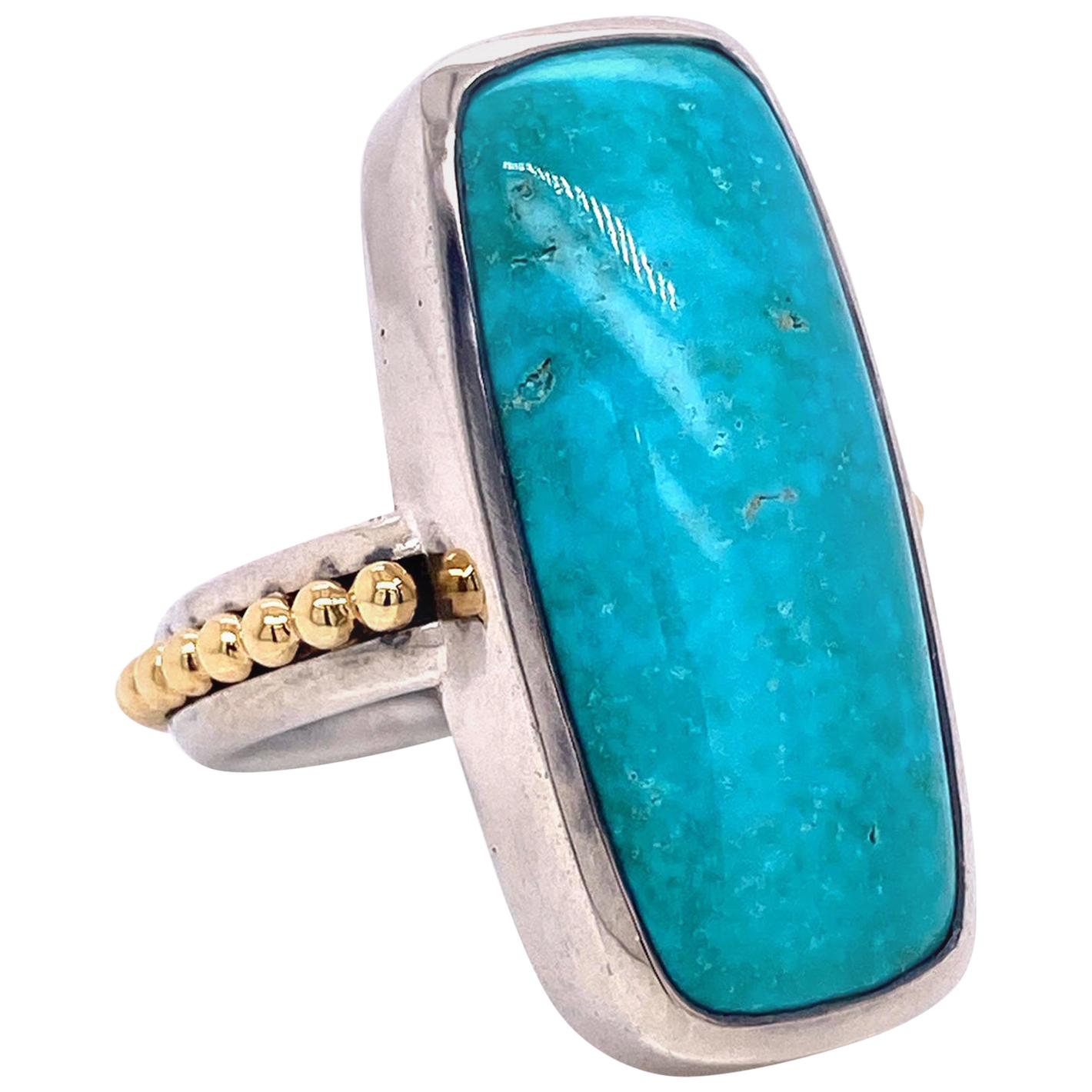 18 Karat Yellow Gold and Sterling Silver Turquoise Cabochon Ring