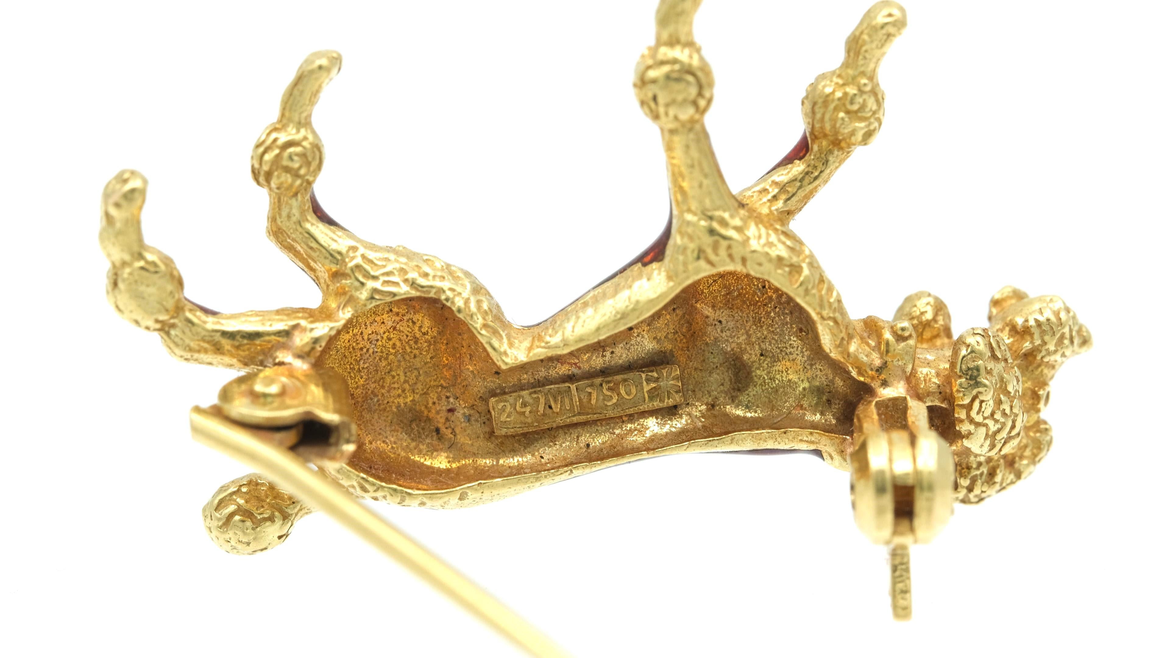 Women's or Men's 18 Karat Yellow Gold and Translucent Red Blue Enamel Poodle Brooch For Sale