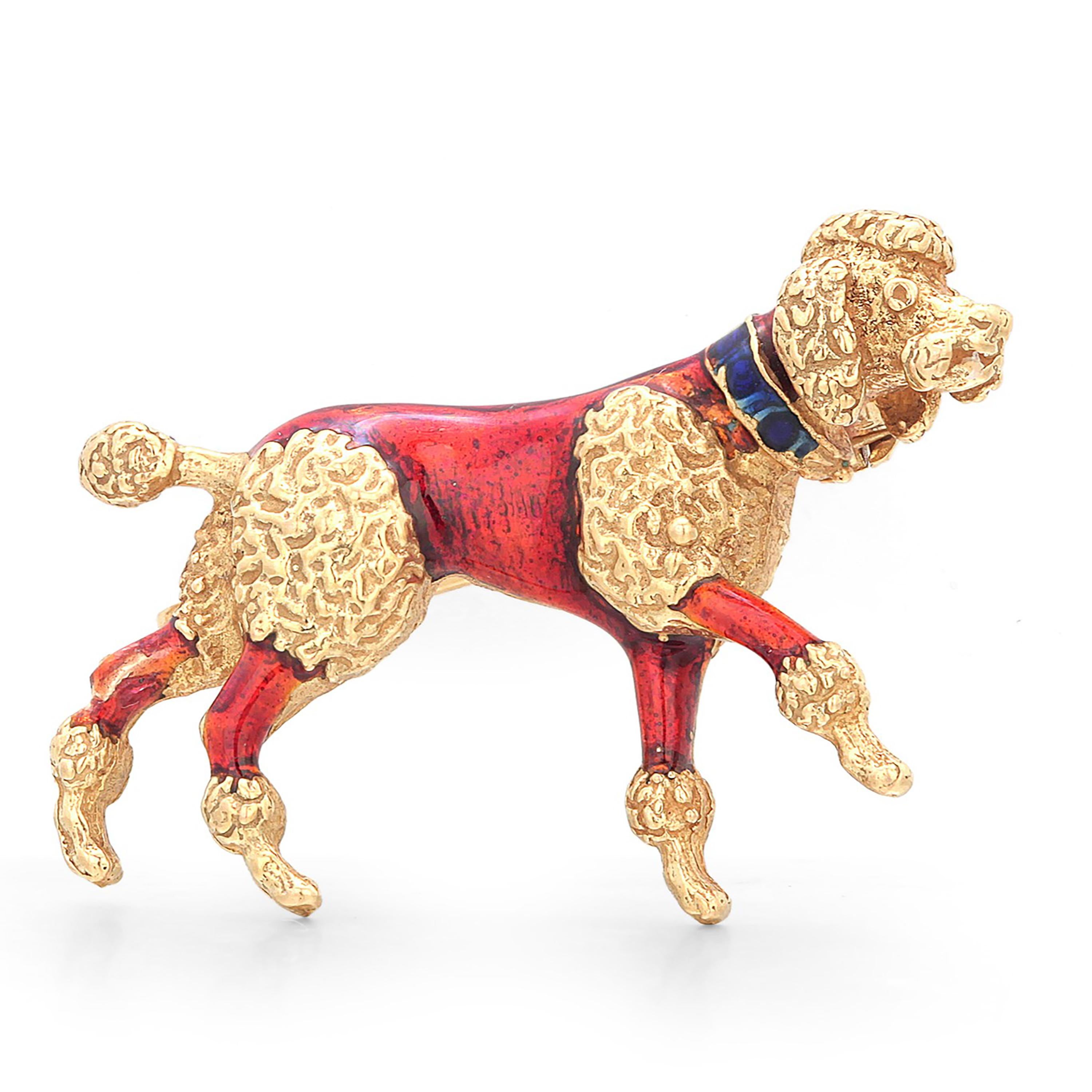 18 Karat Yellow Gold and Translucent Red Blue Enamel Poodle Brooch For Sale 1