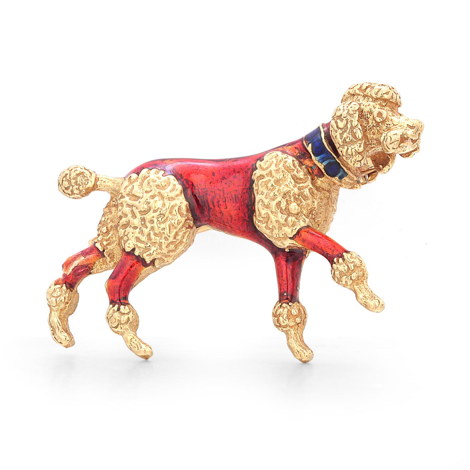 18 Karat Yellow Gold and Translucent Red Blue Enamel Poodle Brooch For Sale 4