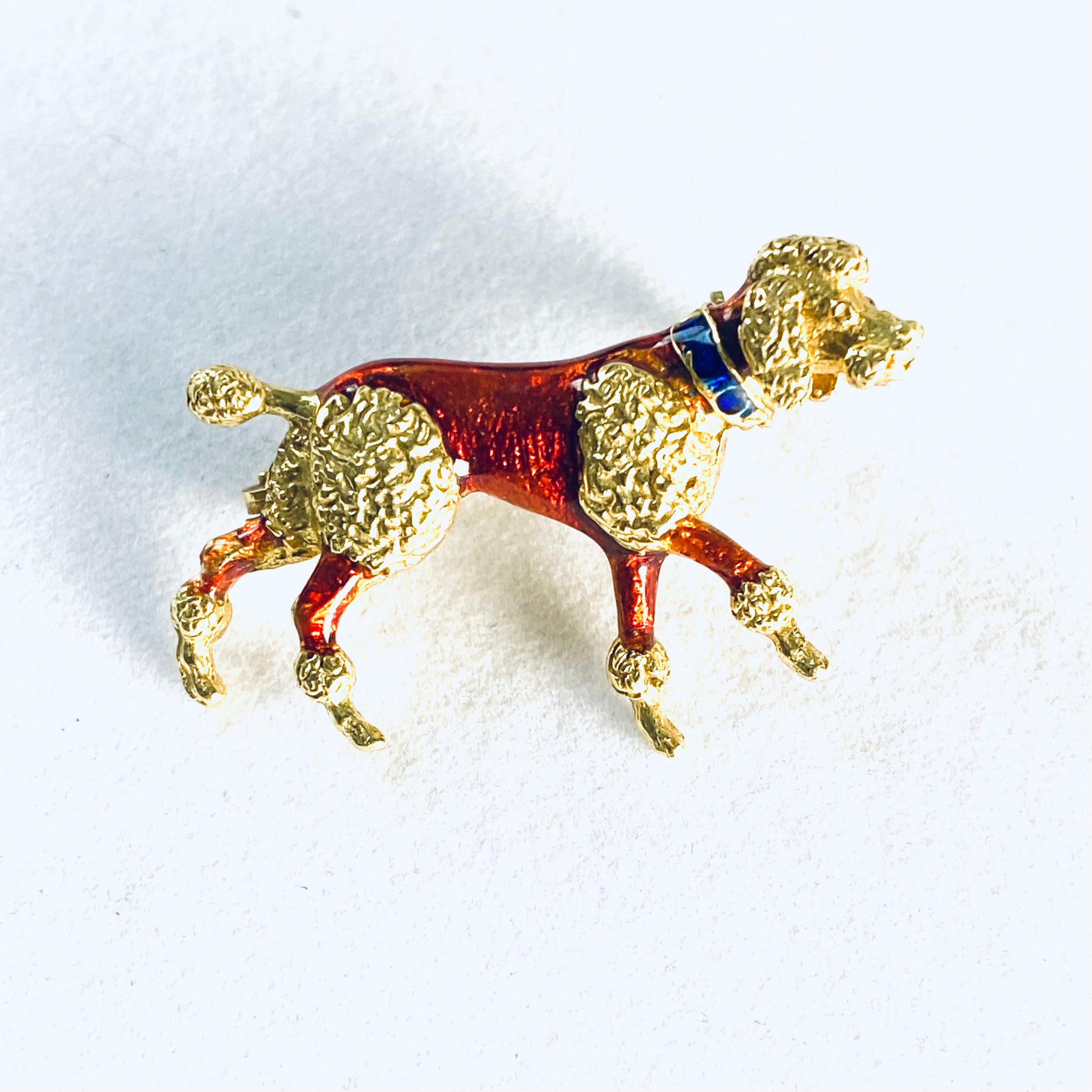 18 Karat Yellow Gold and Translucent Red Blue Enamel Poodle Brooch For Sale 5