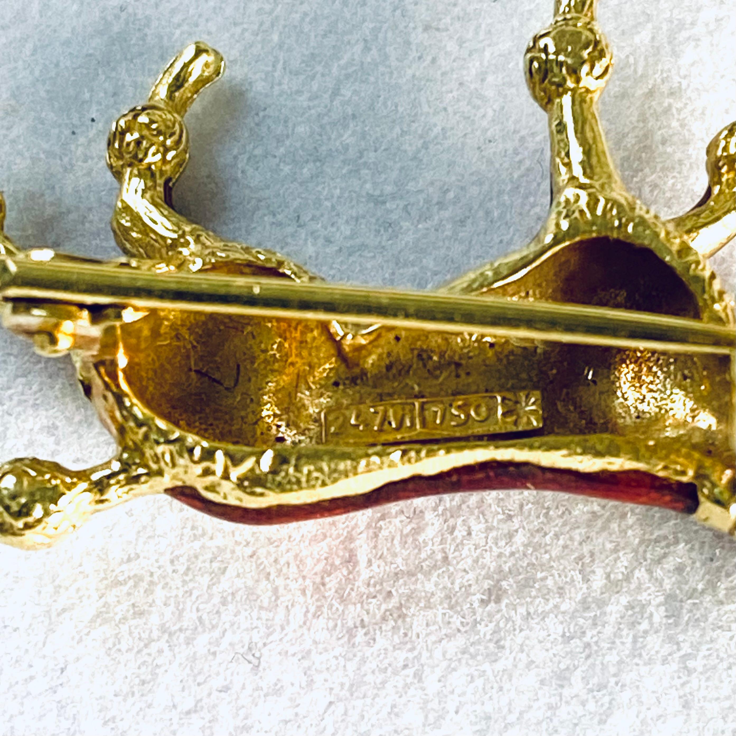 18 Karat Yellow Gold and Translucent Red Blue Enamel Poodle Brooch For Sale 6