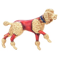 18 Karat Yellow Gold and Translucent Red Blue Enamel Poodle Brooch